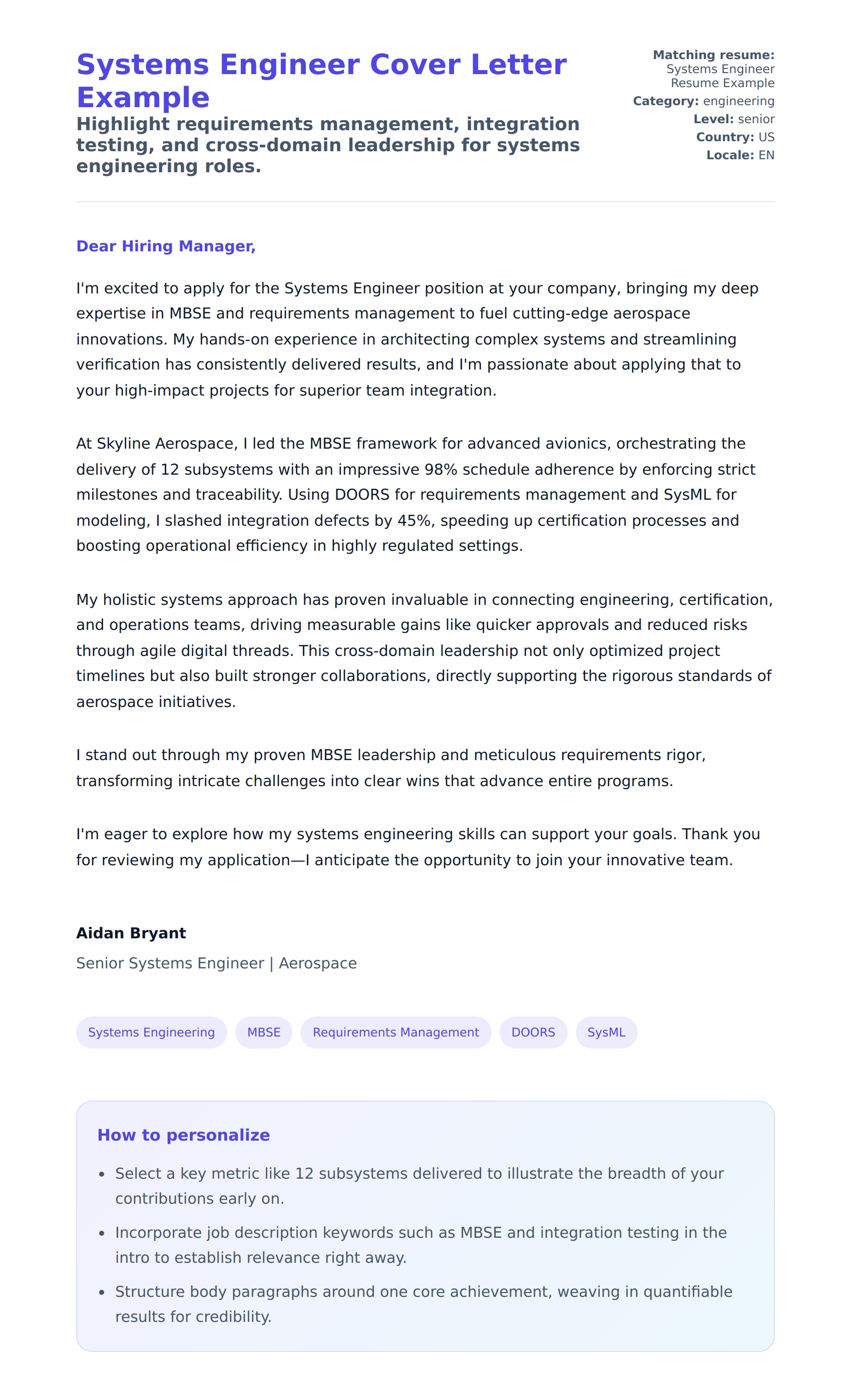 Cover Letter preview for Systems Engineer Cover Letter Example