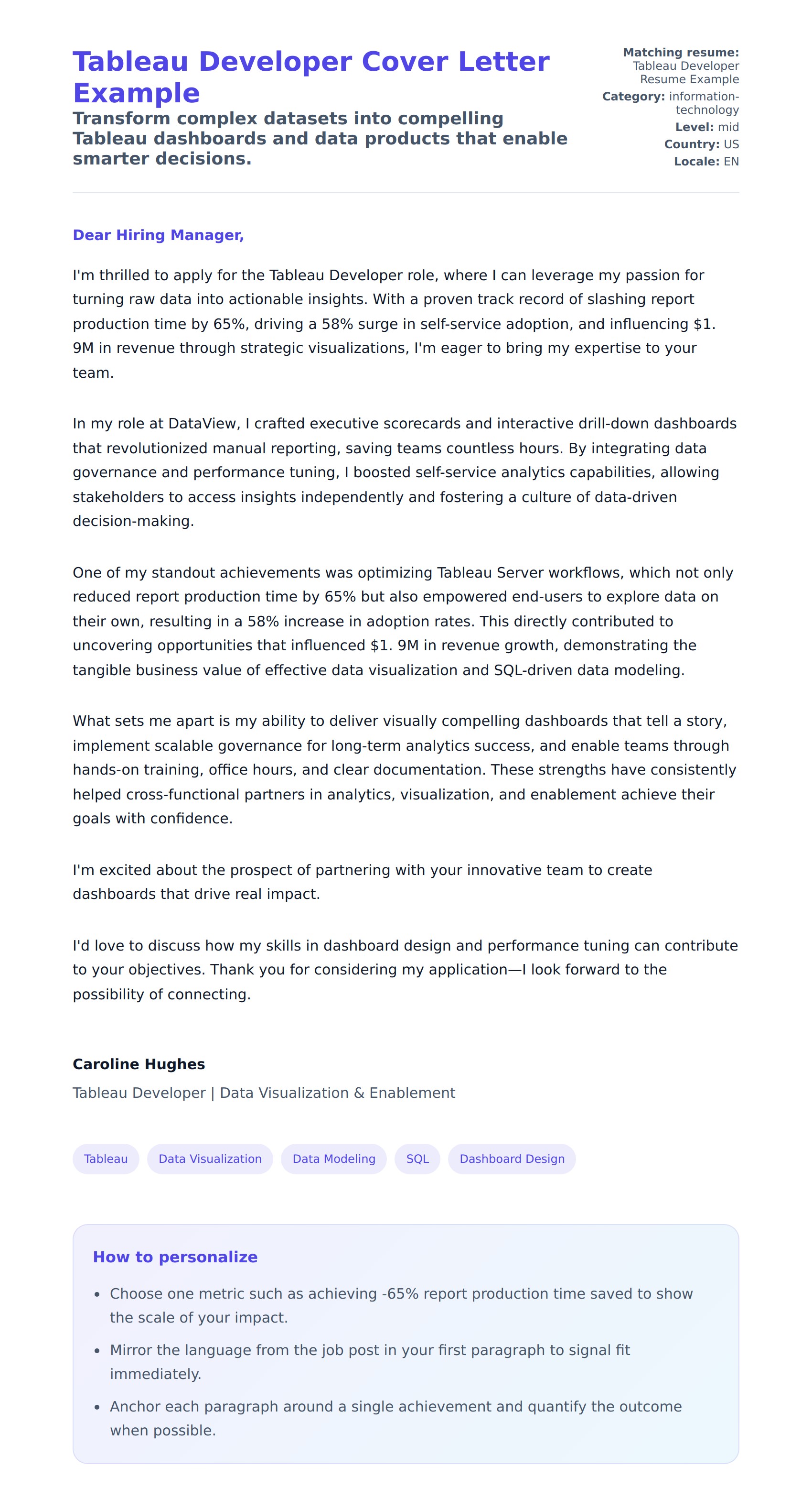 Cover Letter preview for Tableau Developer Cover Letter Example