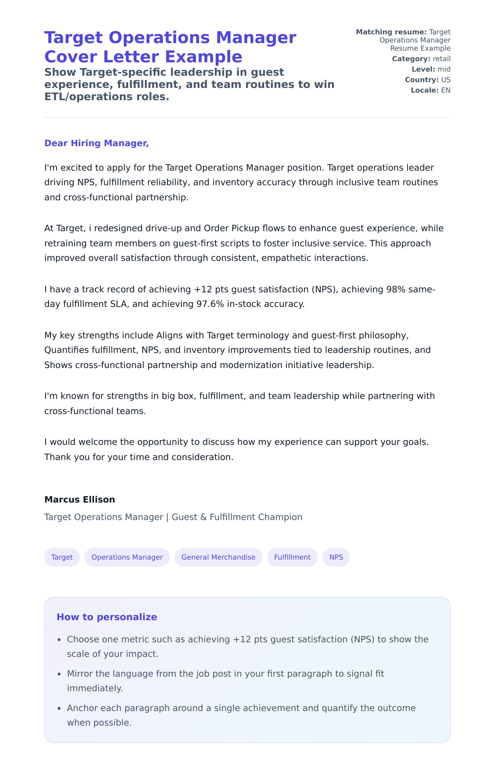Cover Letter preview for Target Operations Manager Cover Letter Example