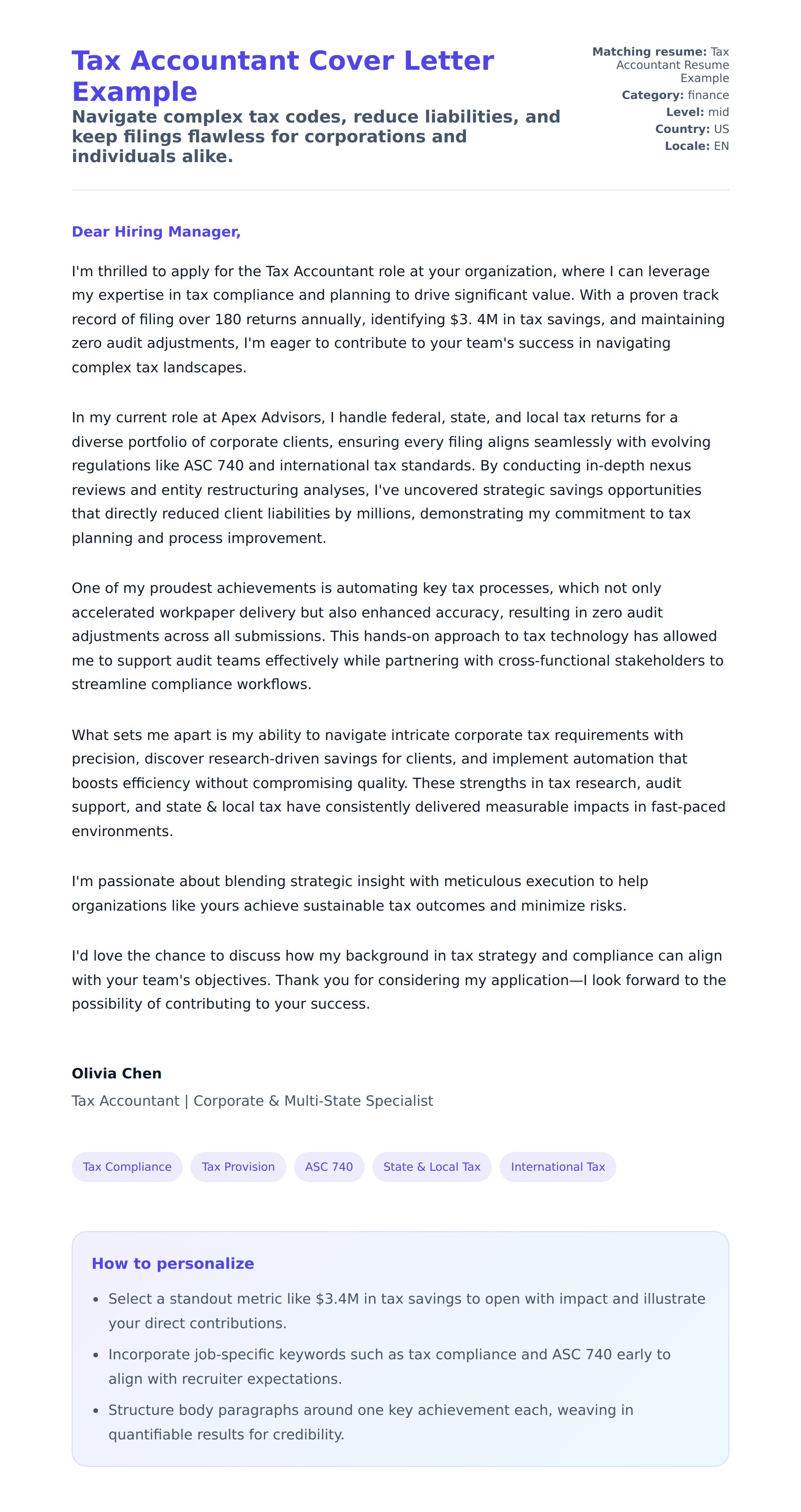 Cover Letter preview for Tax Accountant Cover Letter Example