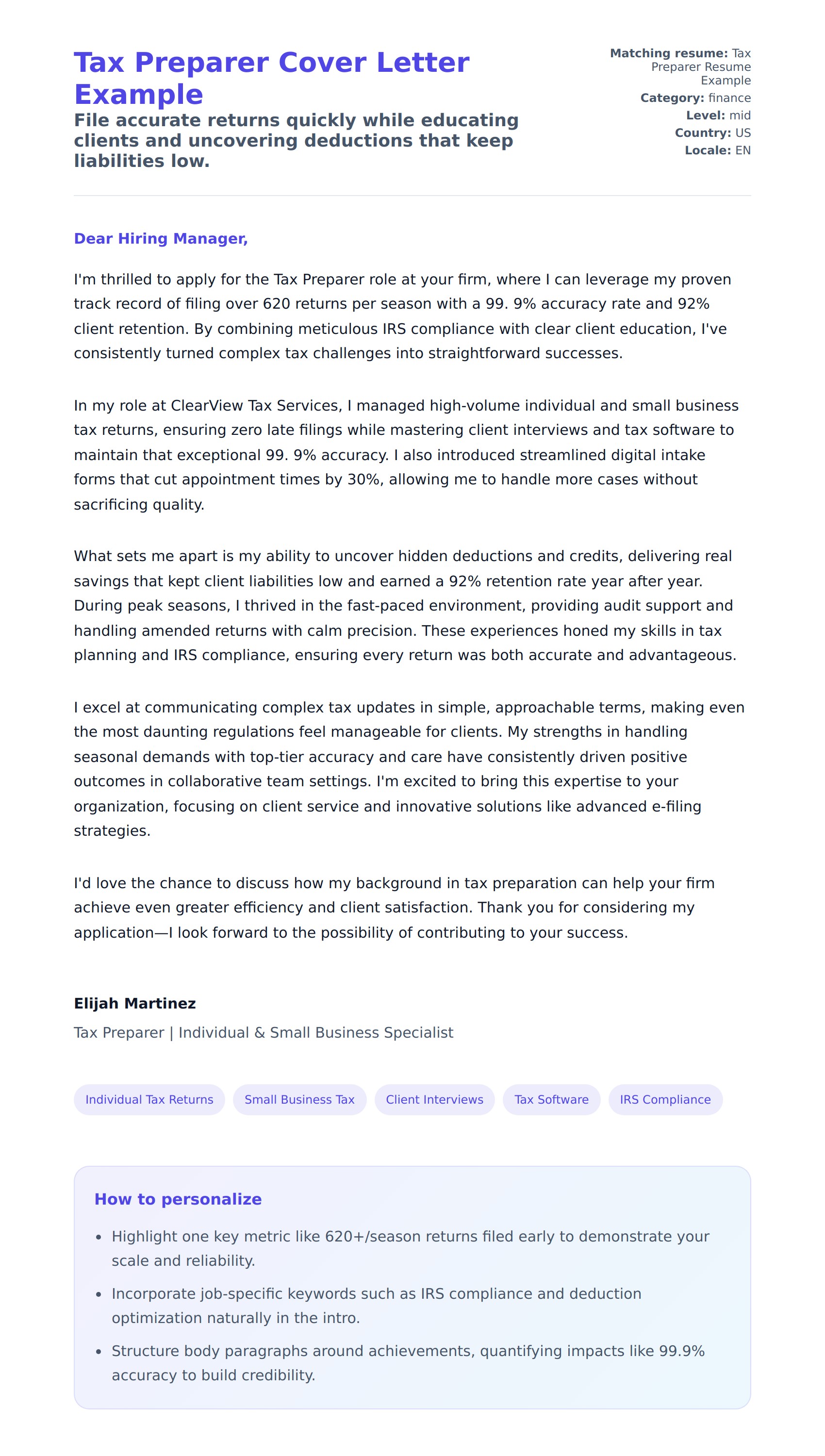 Cover Letter preview for Tax Preparer Cover Letter Example