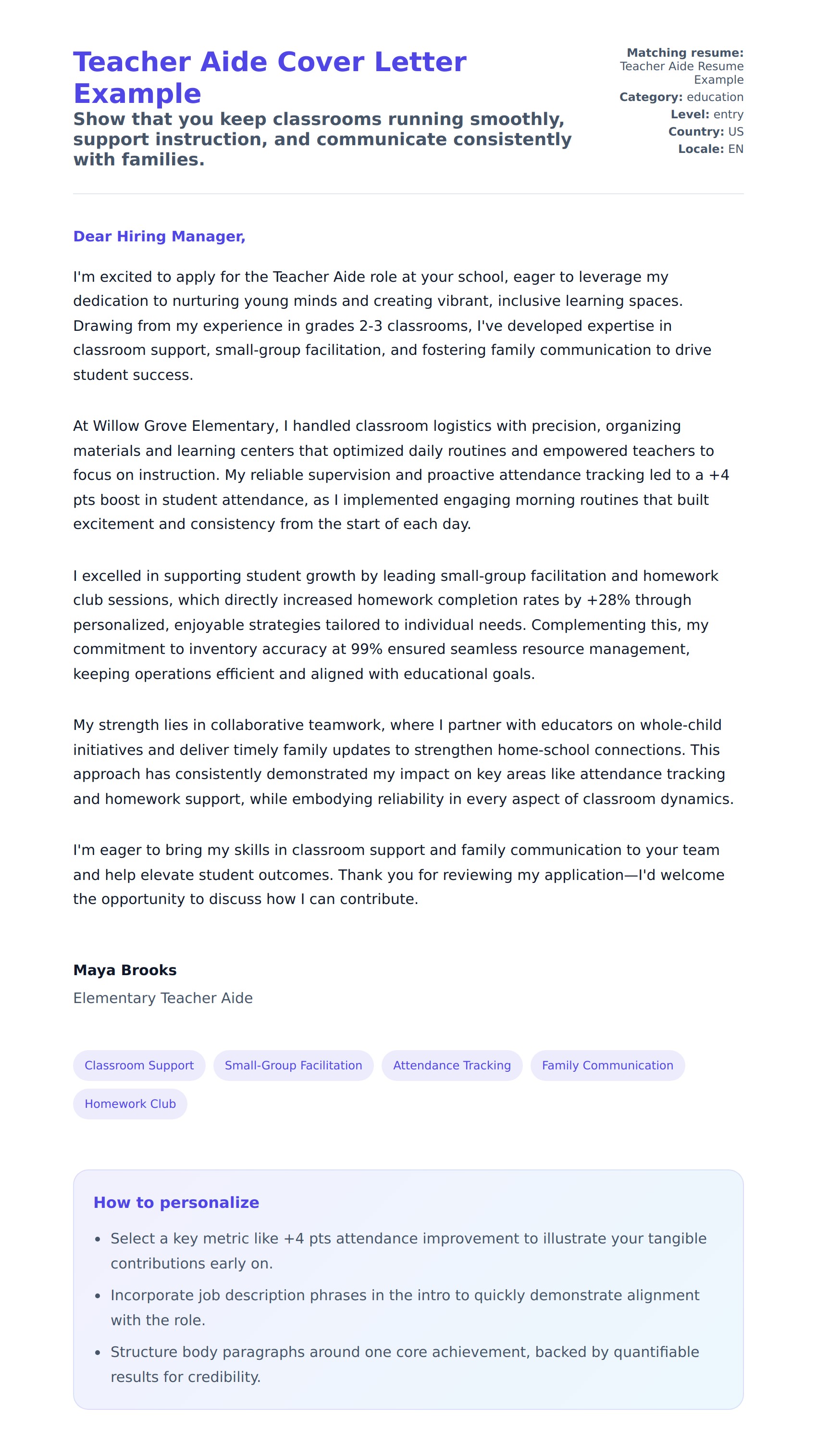 Cover Letter preview for Teacher Aide Cover Letter Example
