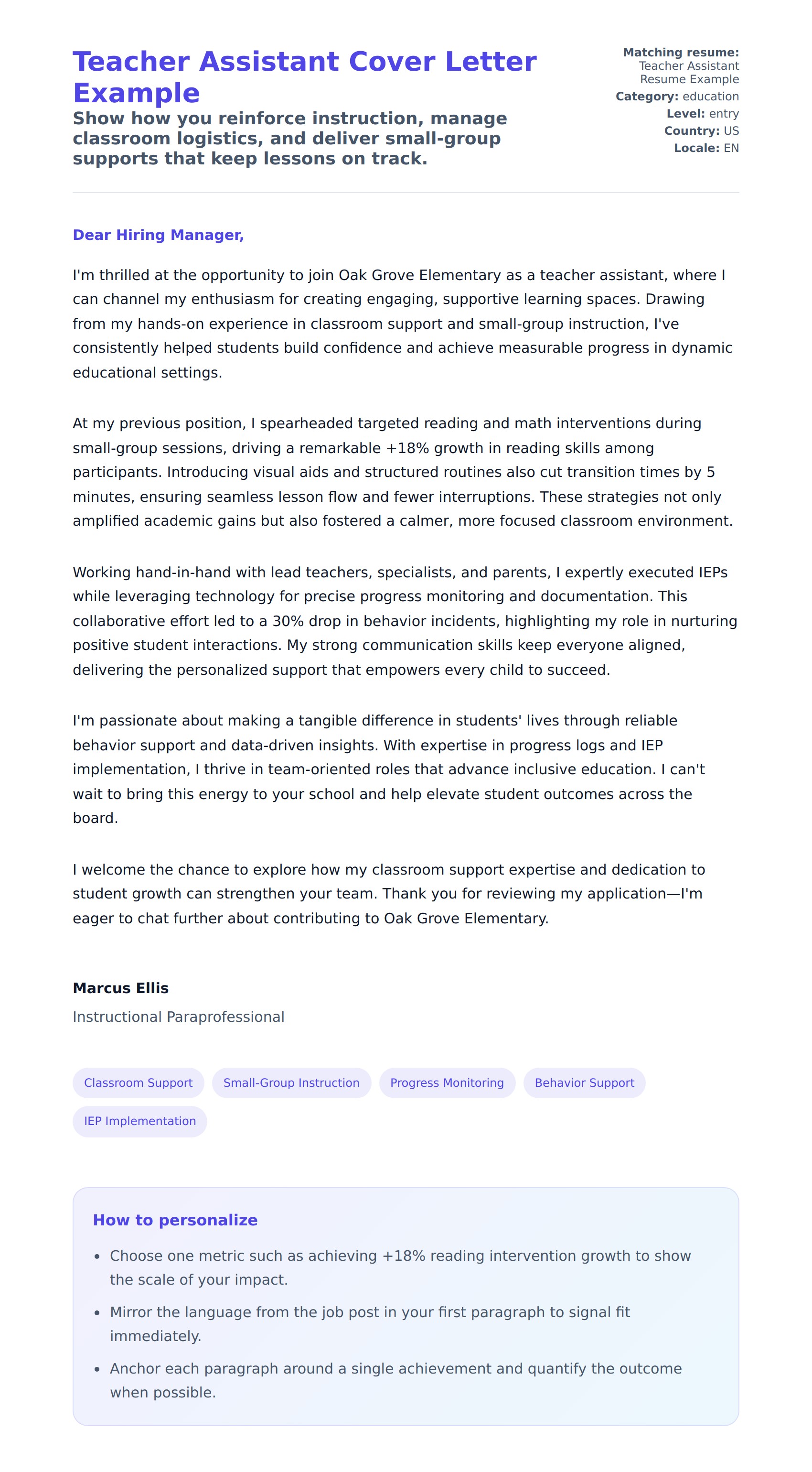 Cover Letter preview for Teacher Assistant Cover Letter Example