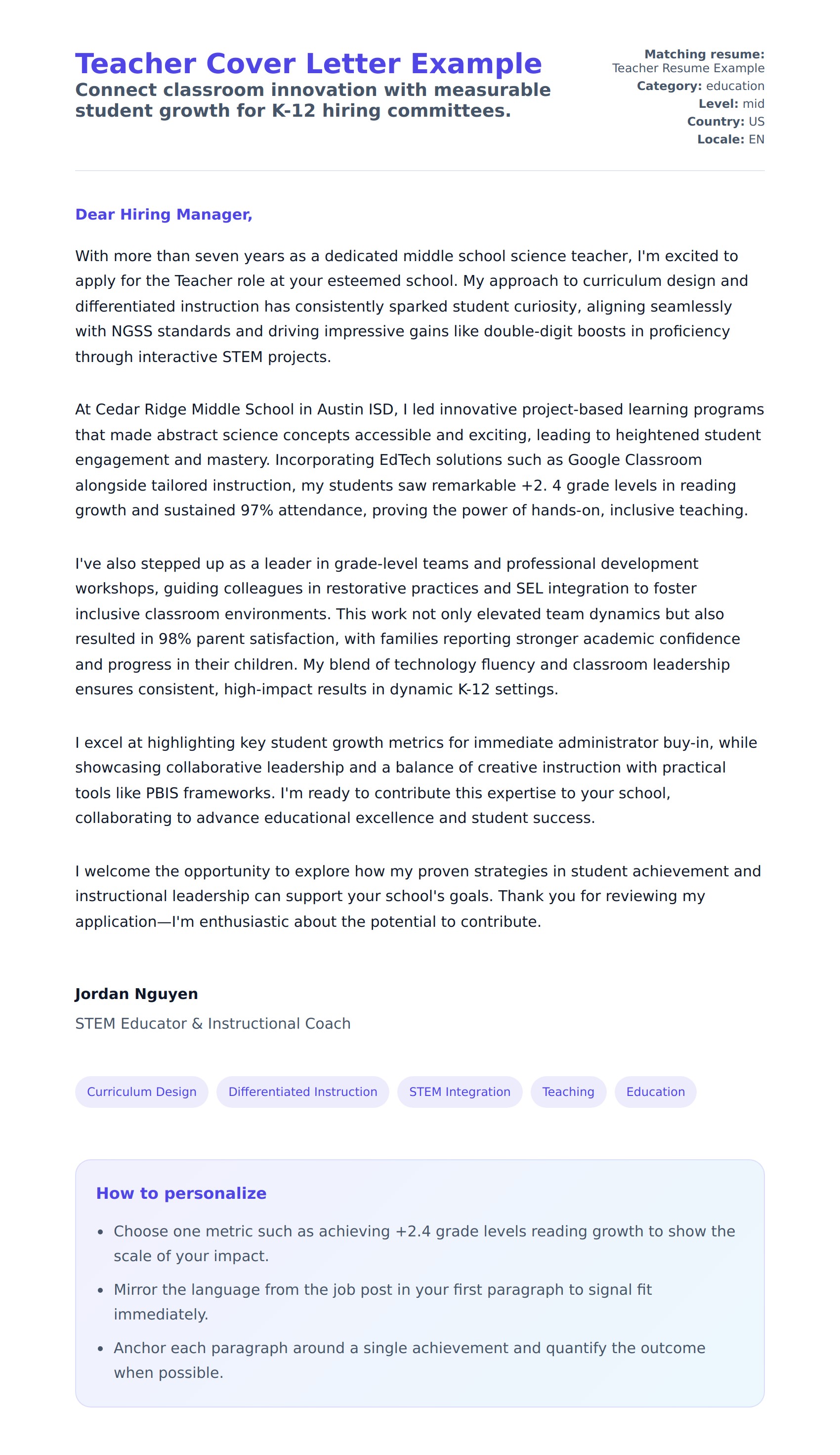 Cover Letter preview for Teacher Cover Letter Example