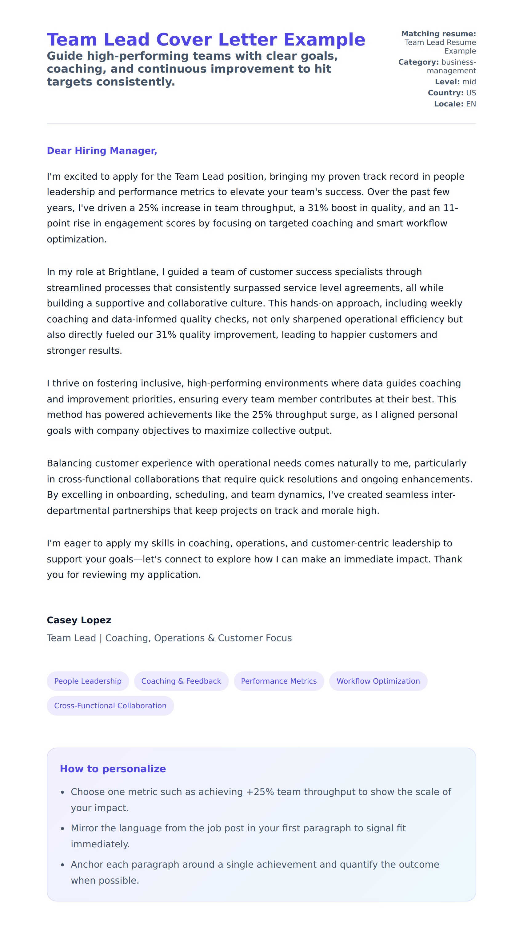 Cover Letter preview for Team Lead Cover Letter Example