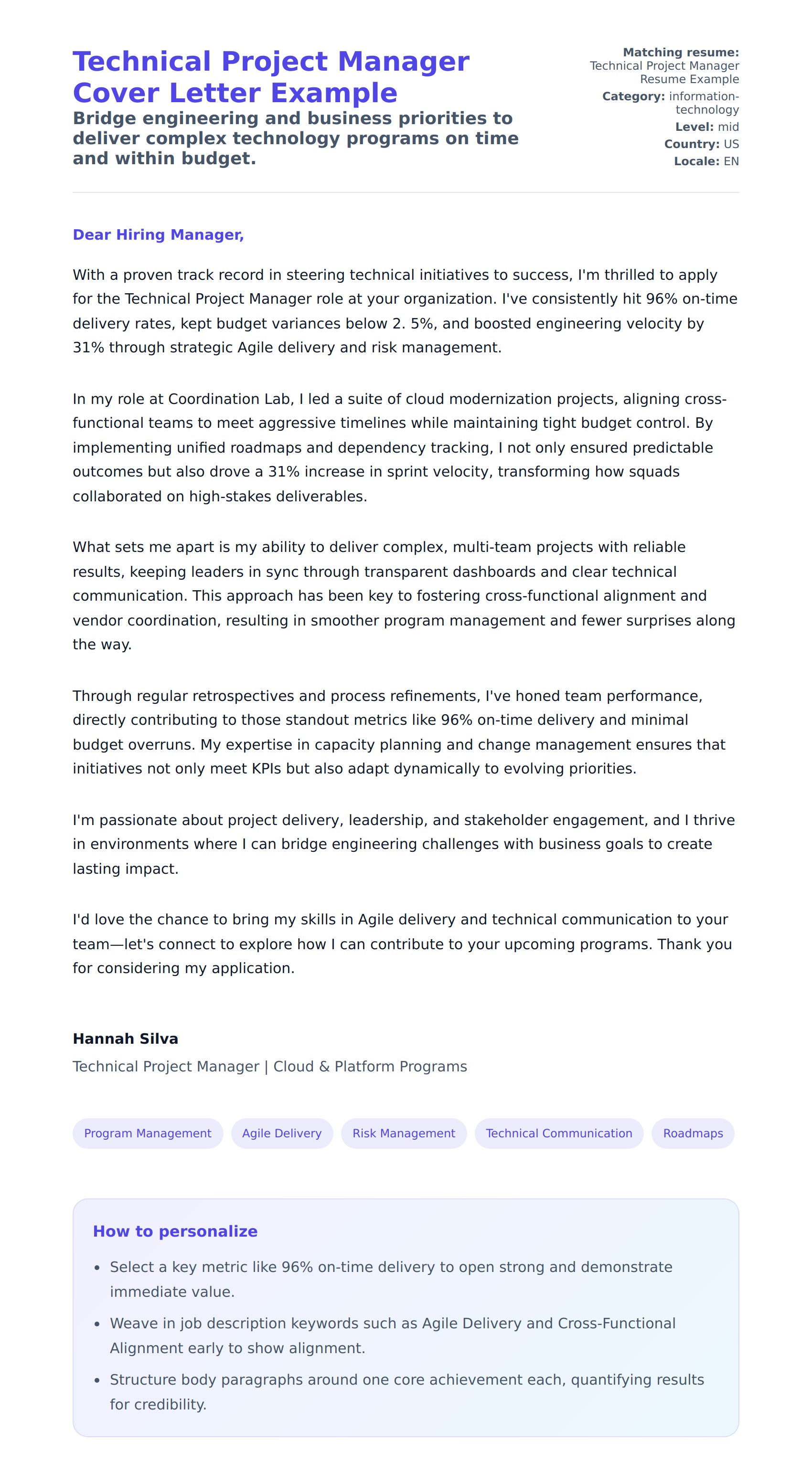 Cover Letter preview for Technical Project Manager Cover Letter Example