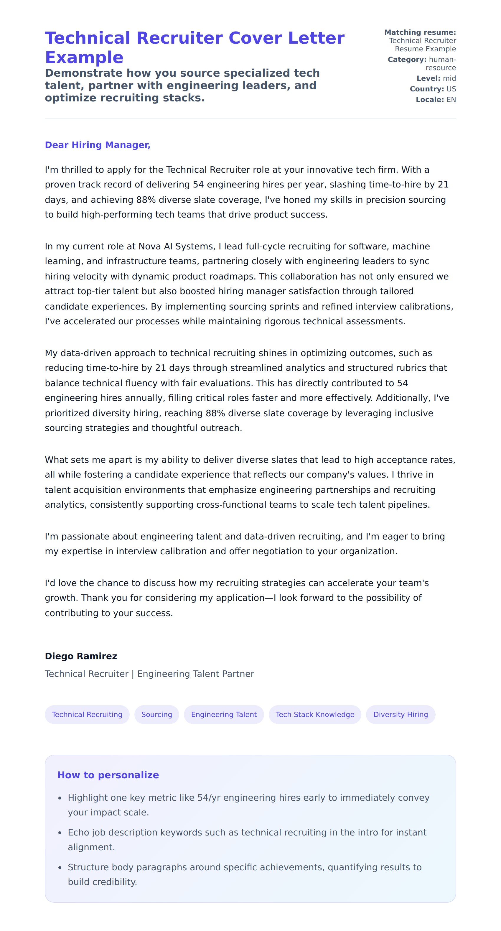 Cover Letter preview for Technical Recruiter Cover Letter Example
