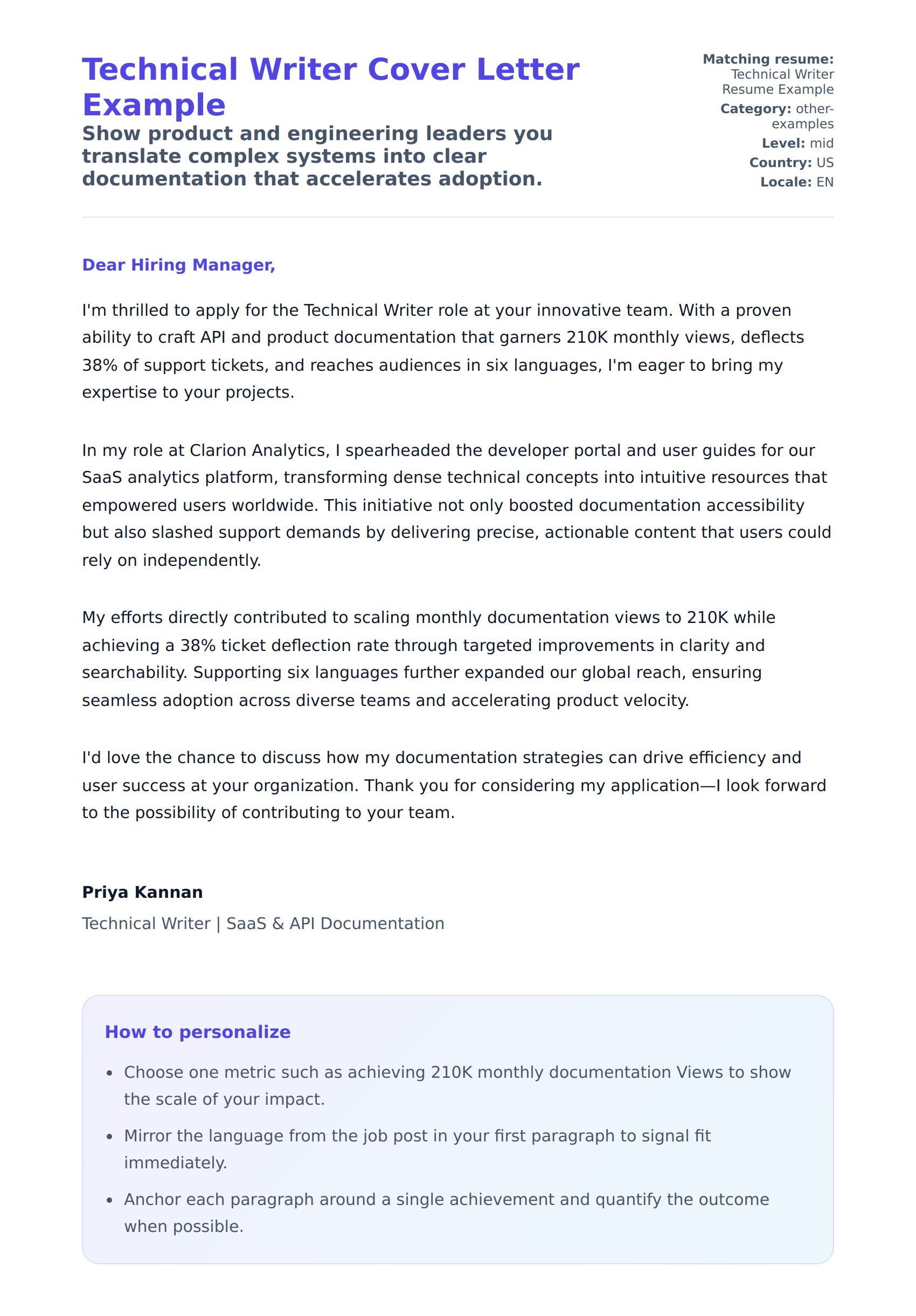 Cover Letter preview for Technical Writer Cover Letter Example