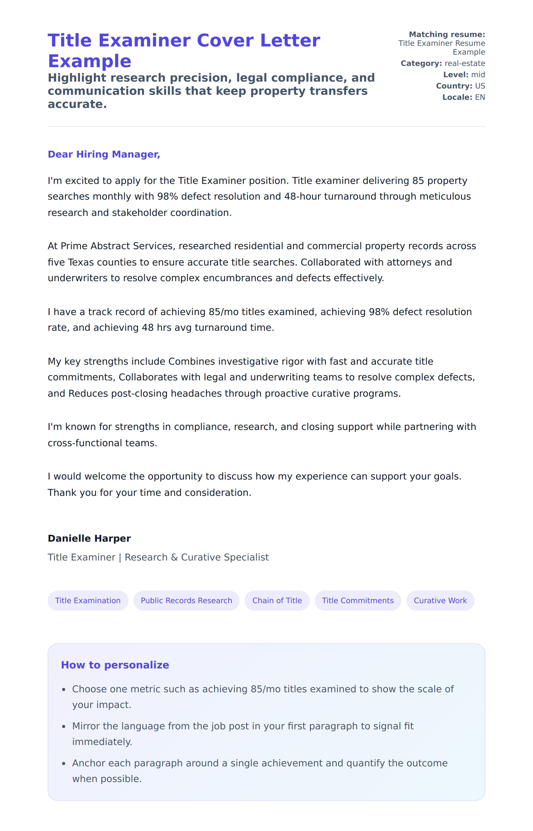 Cover Letter preview for Title Examiner Cover Letter Example