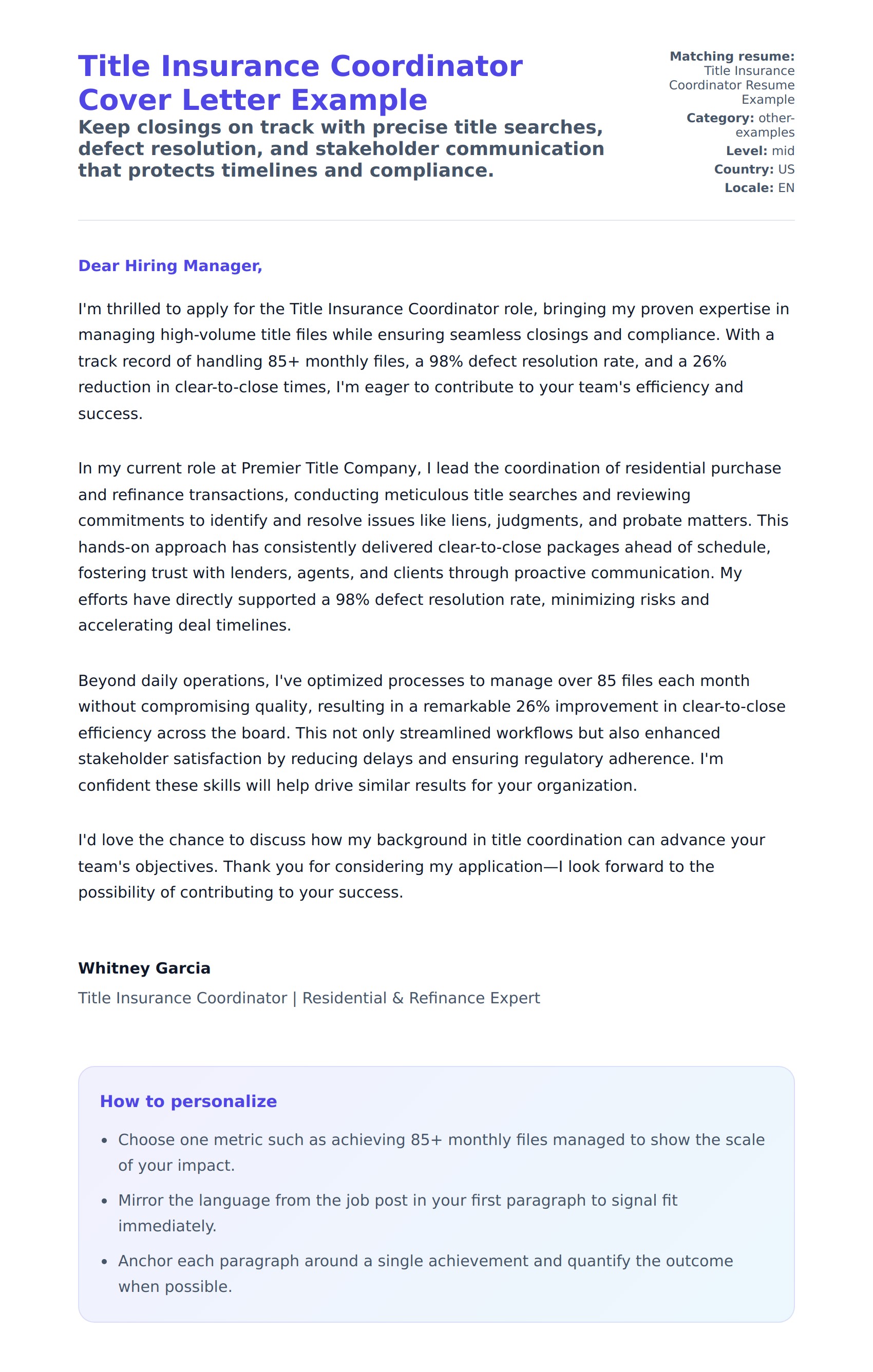 Cover Letter preview for Title Insurance Coordinator Cover Letter Example