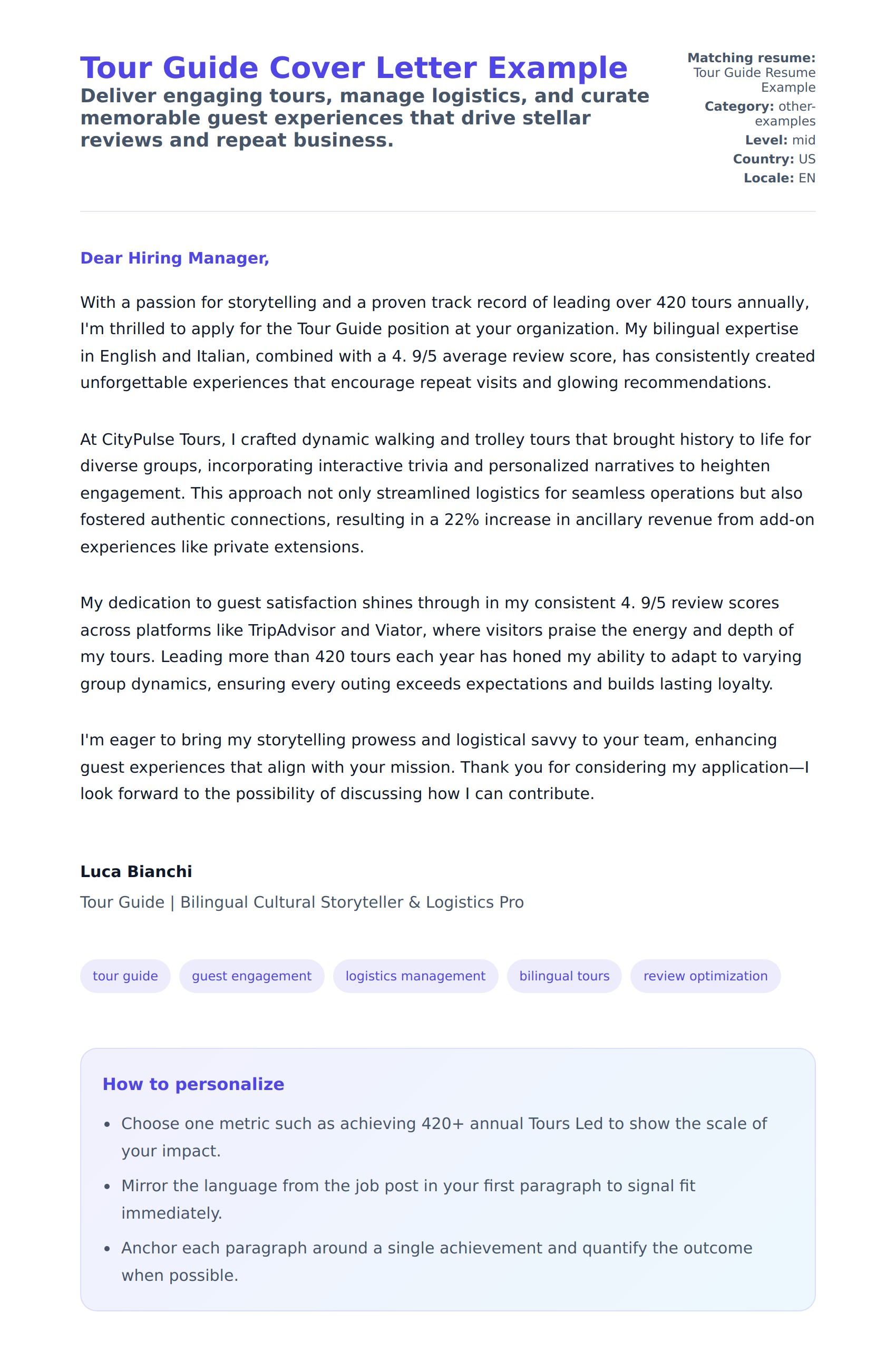 Cover Letter preview for Tour Guide Cover Letter Example