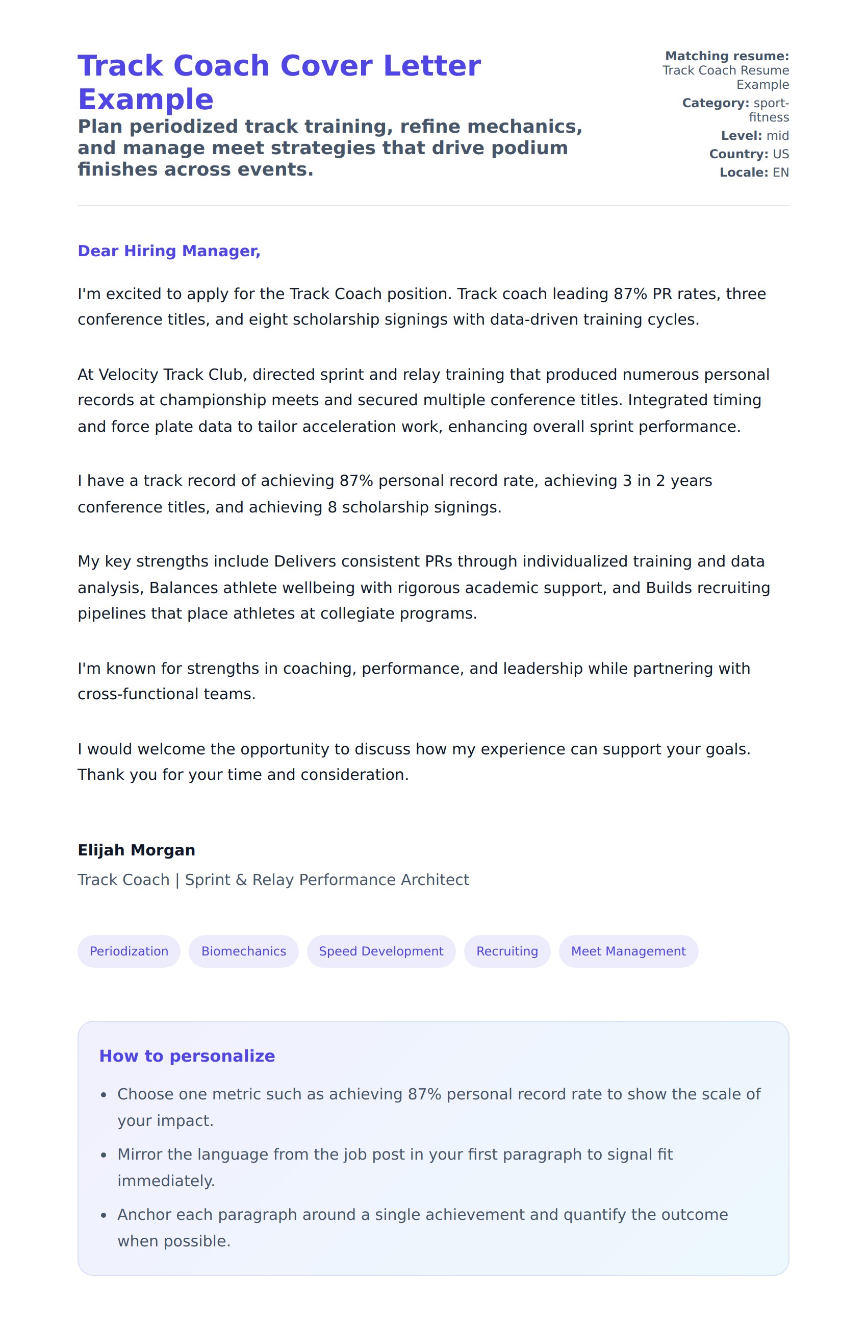 Cover Letter preview for Track Coach Cover Letter Example