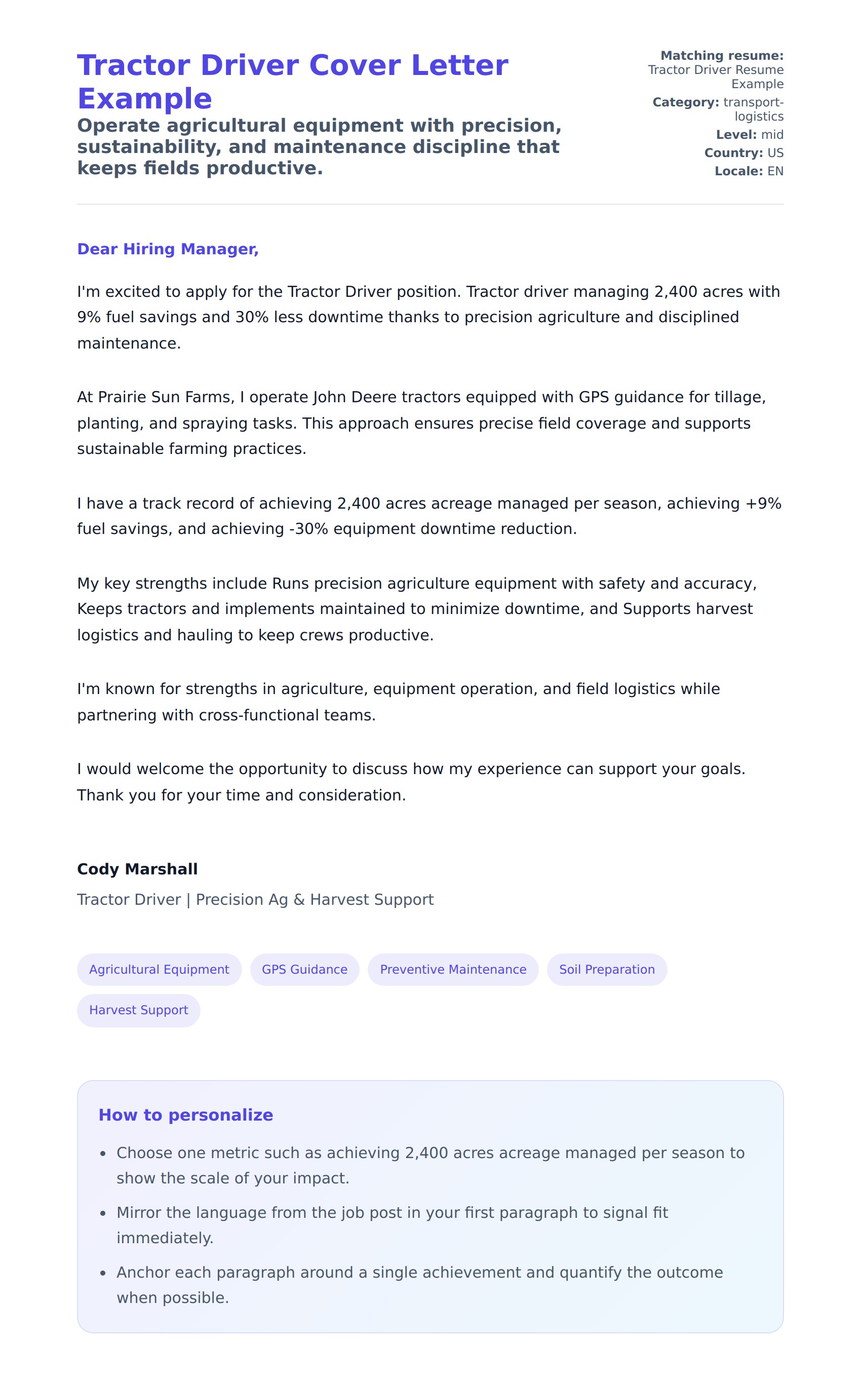 Cover Letter preview for Tractor Driver Cover Letter Example