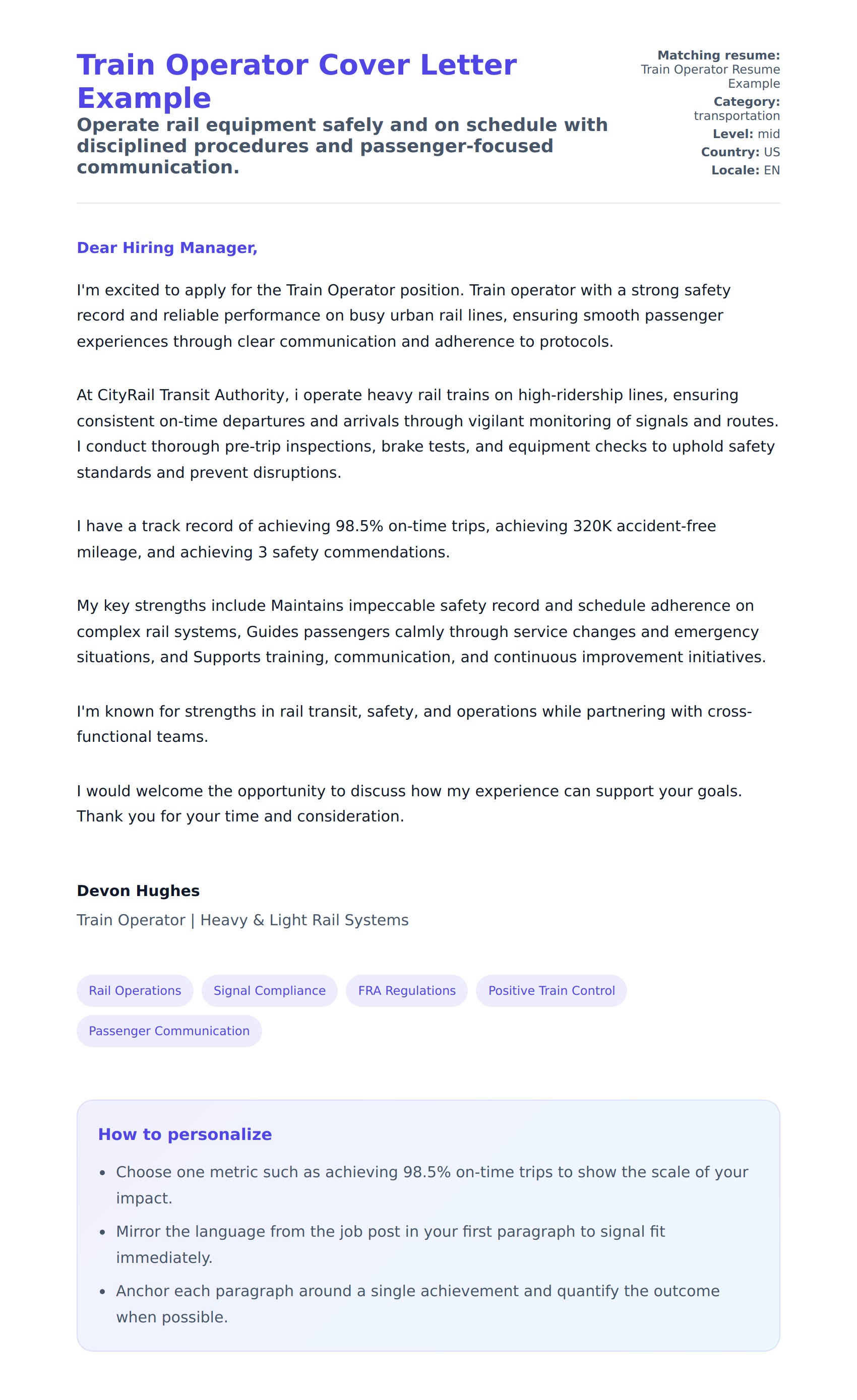 Cover Letter preview for Train Operator Cover Letter Example