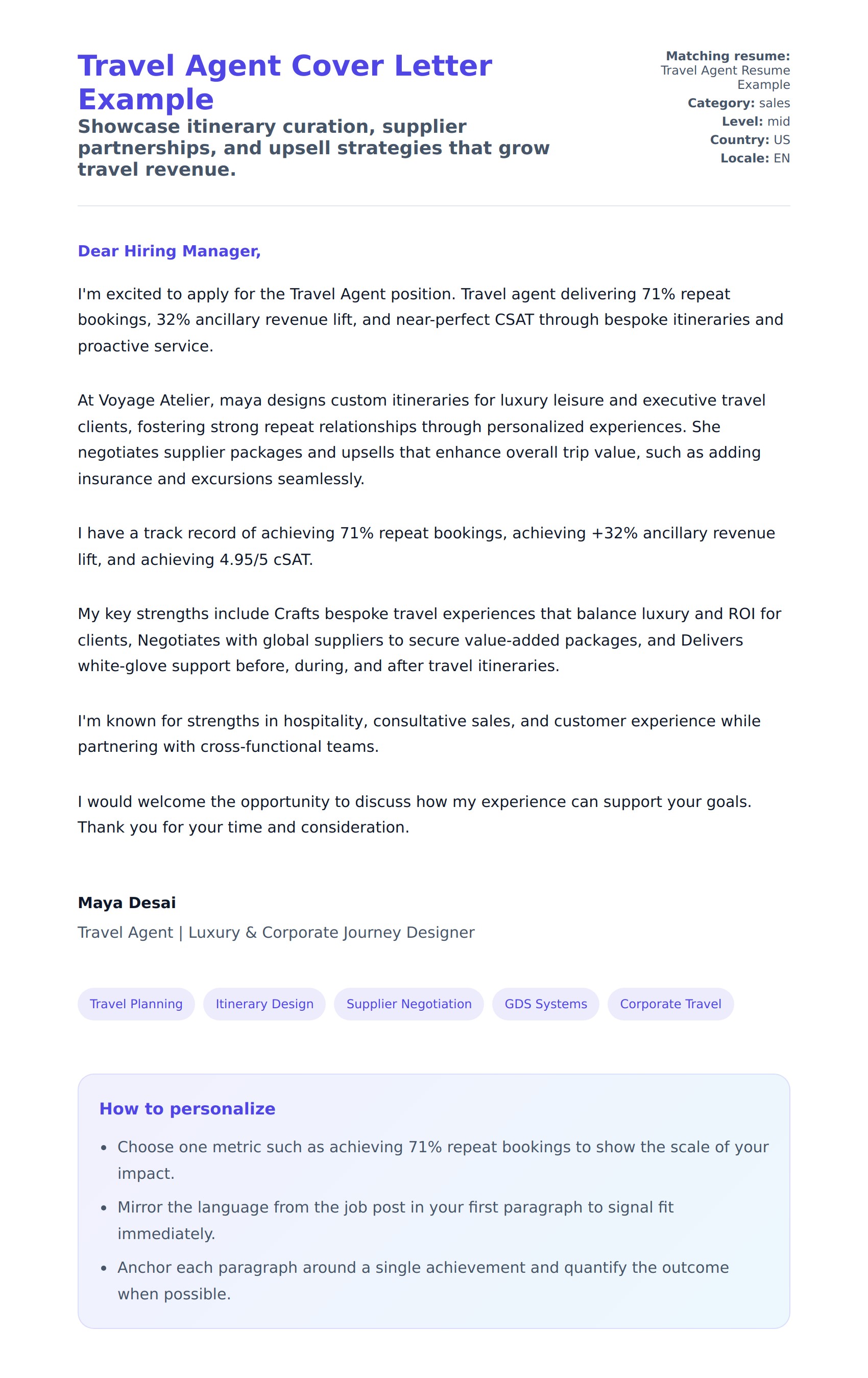 Cover Letter preview for Travel Agent Cover Letter Example