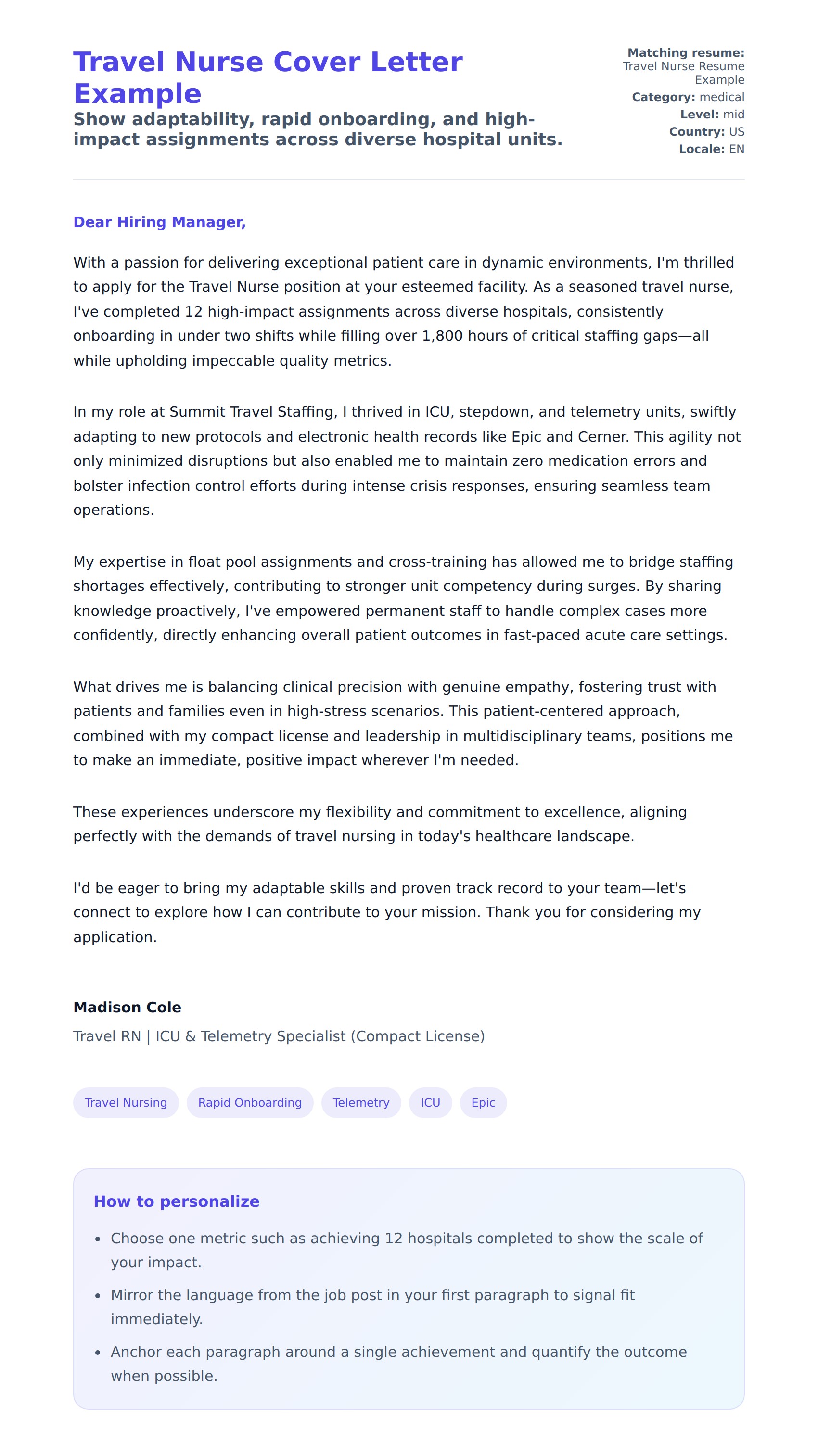 Cover Letter preview for Travel Nurse Cover Letter Example