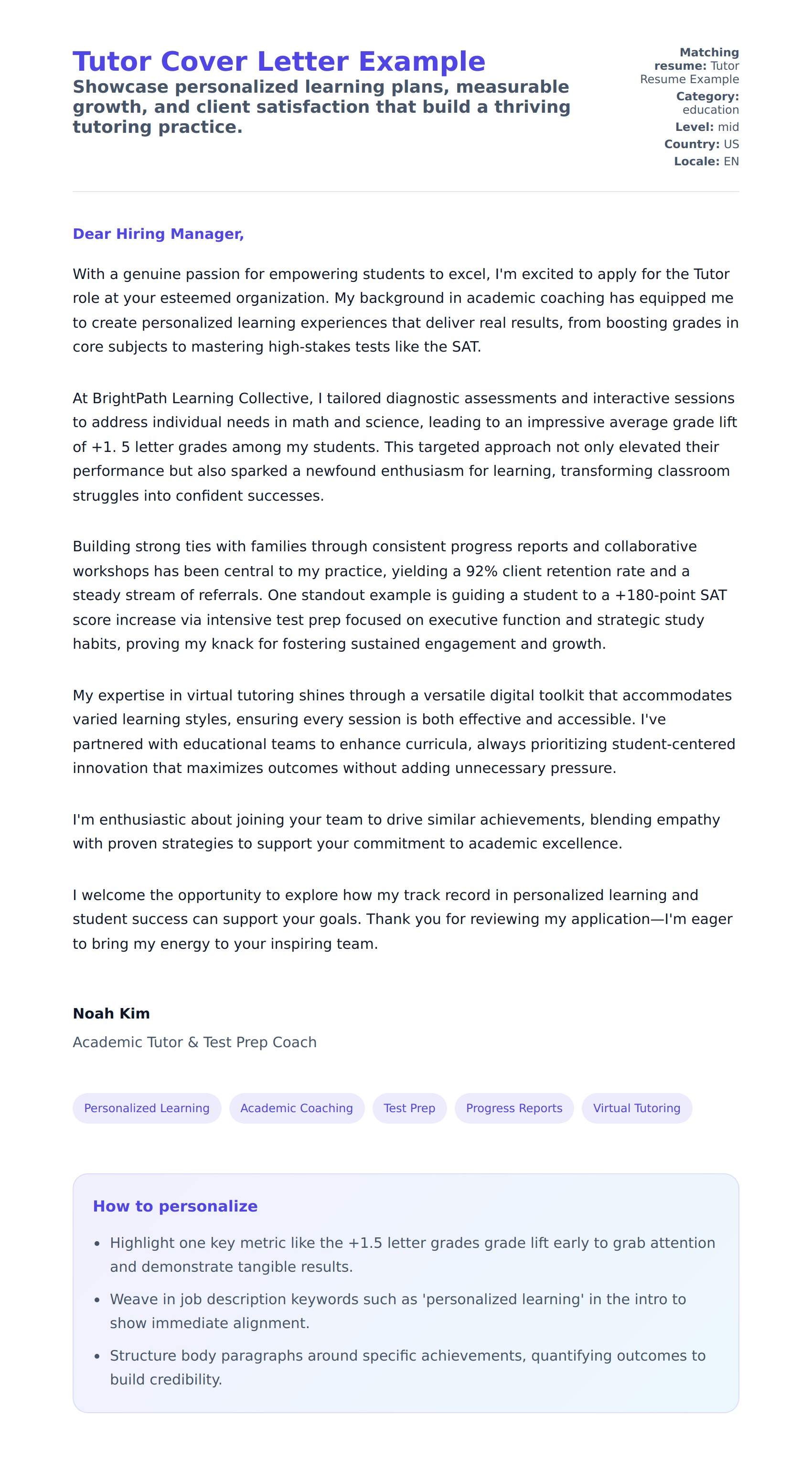Cover Letter preview for Tutor Cover Letter Example