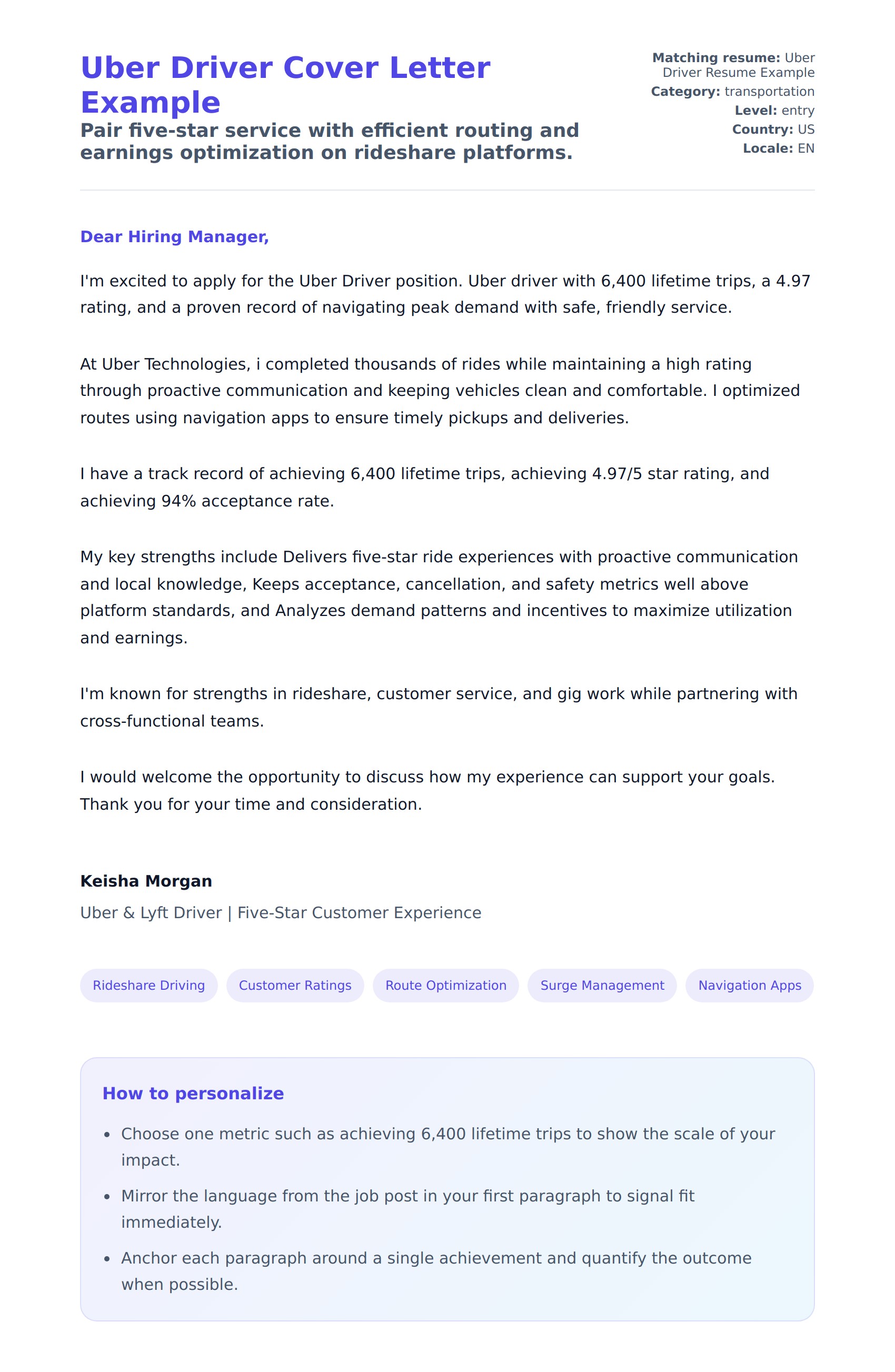 Cover Letter preview for Uber Driver Cover Letter Example