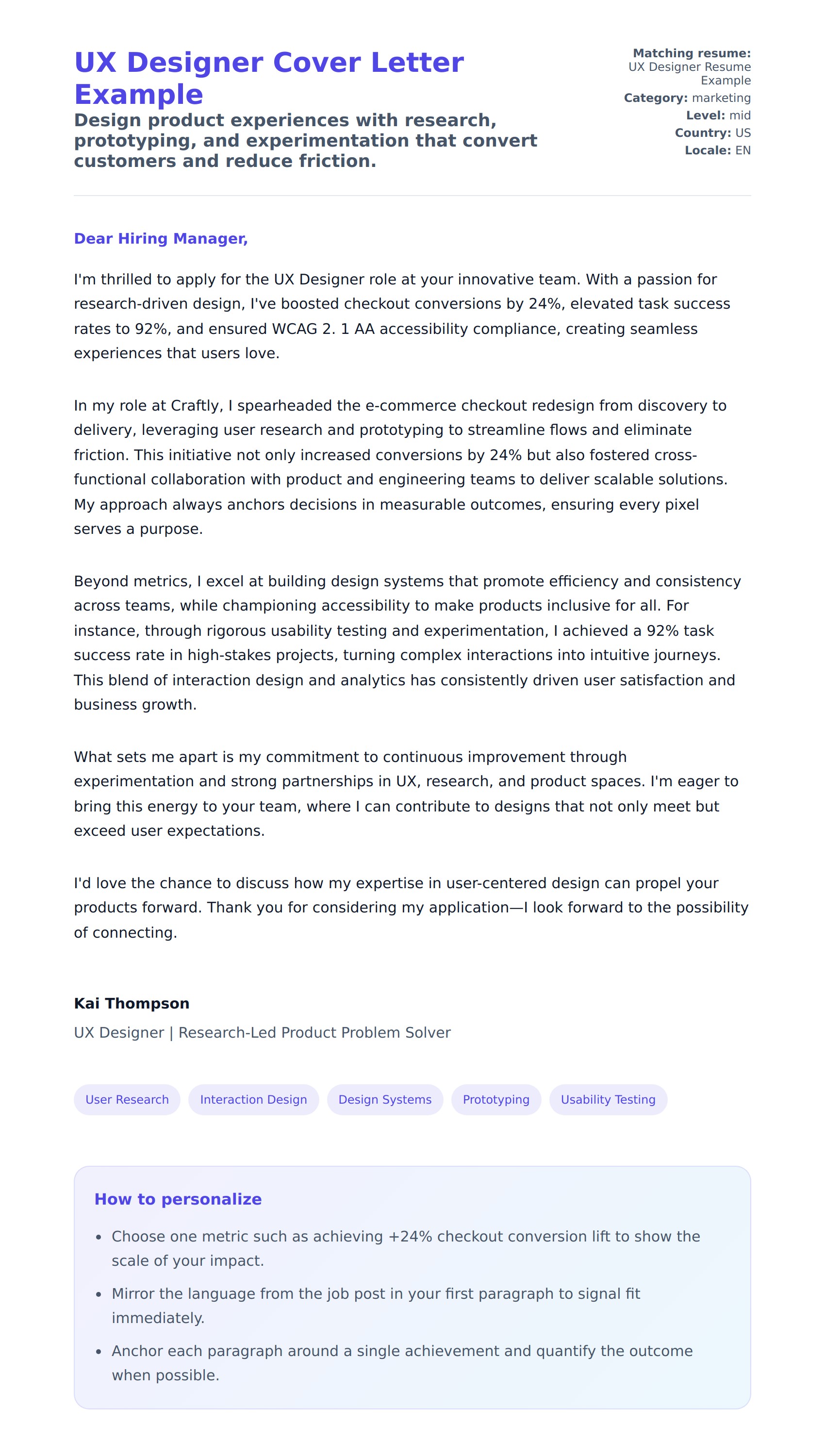 Cover Letter preview for UX Designer Cover Letter Example