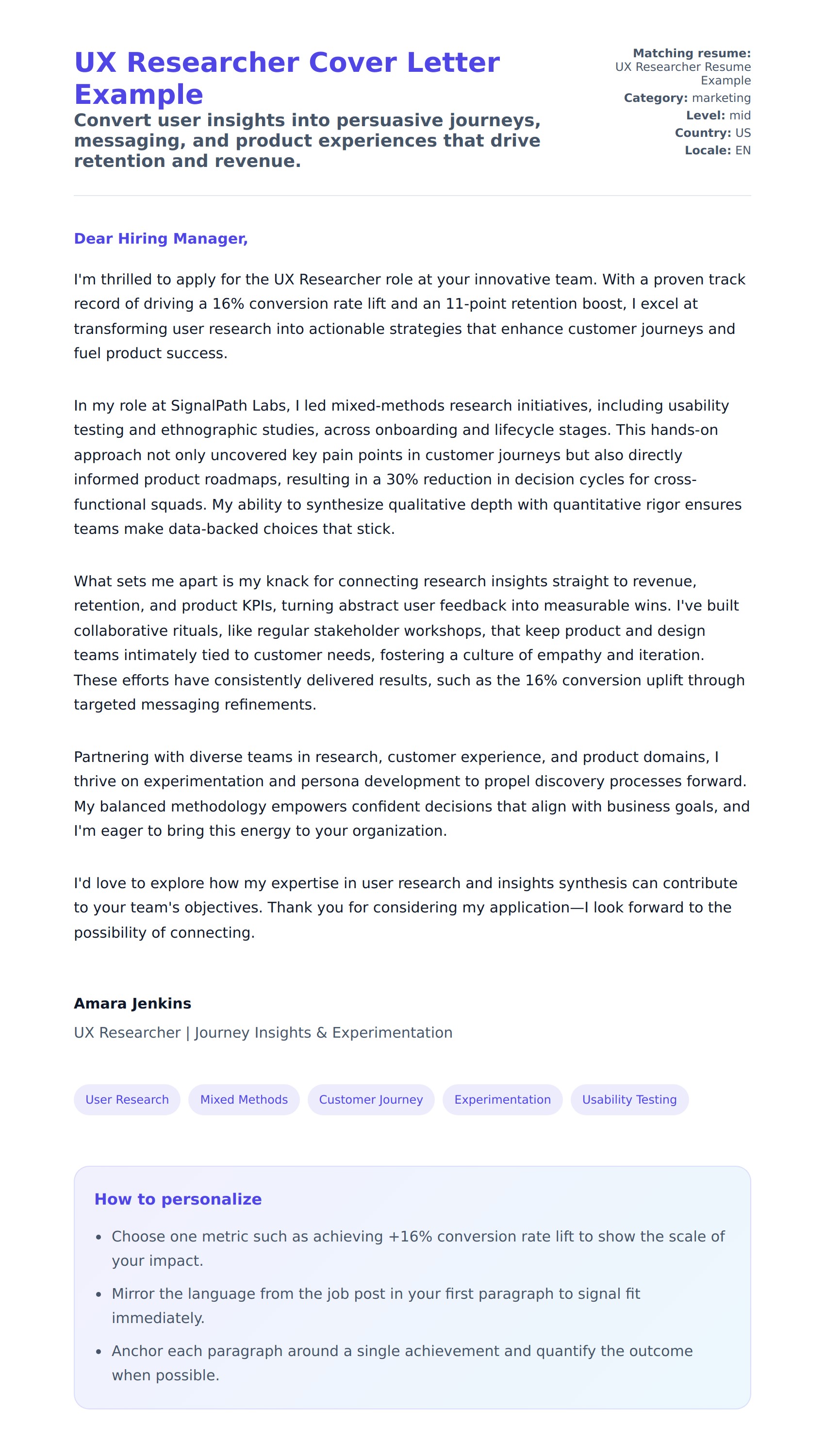 Cover Letter preview for UX Researcher Cover Letter Example