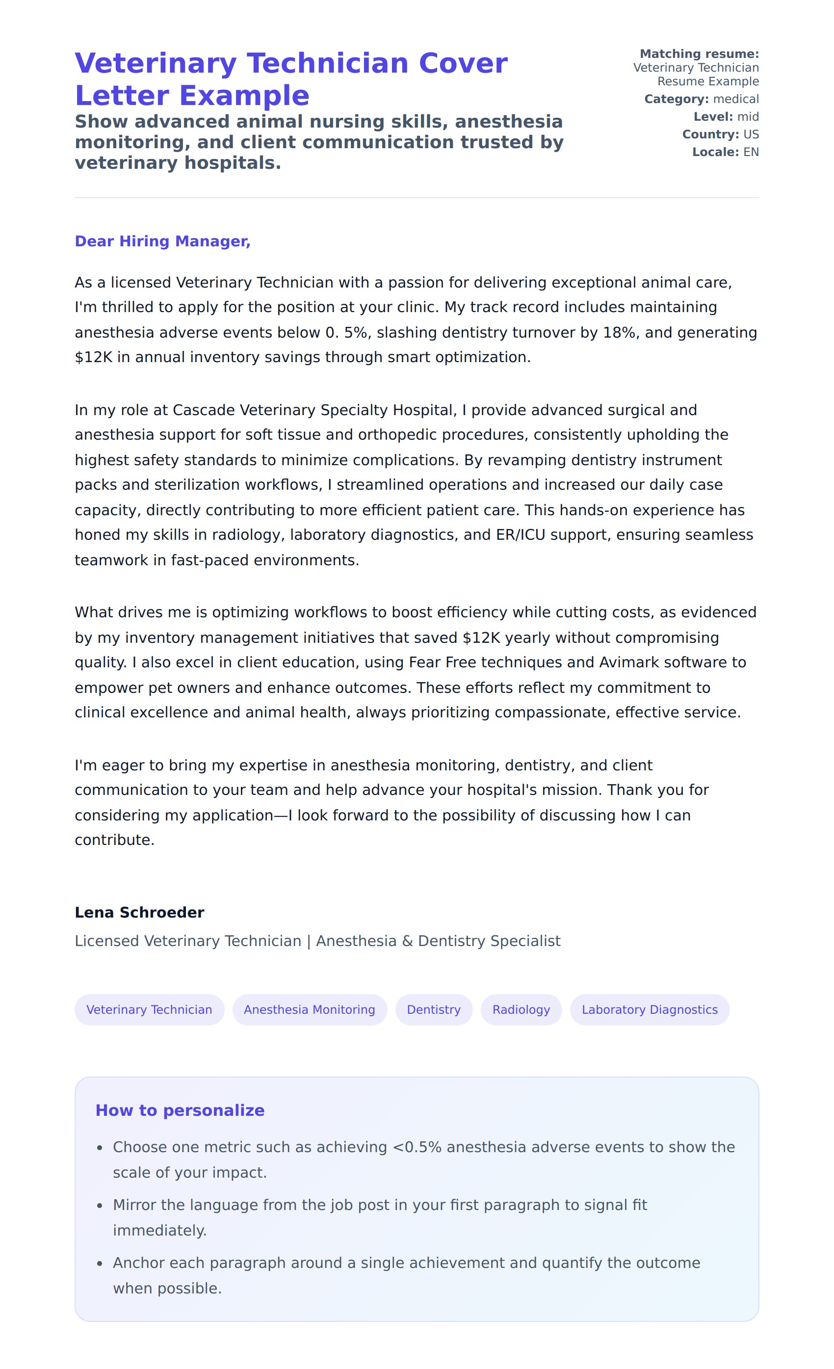 Cover Letter preview for Veterinary Technician Cover Letter Example