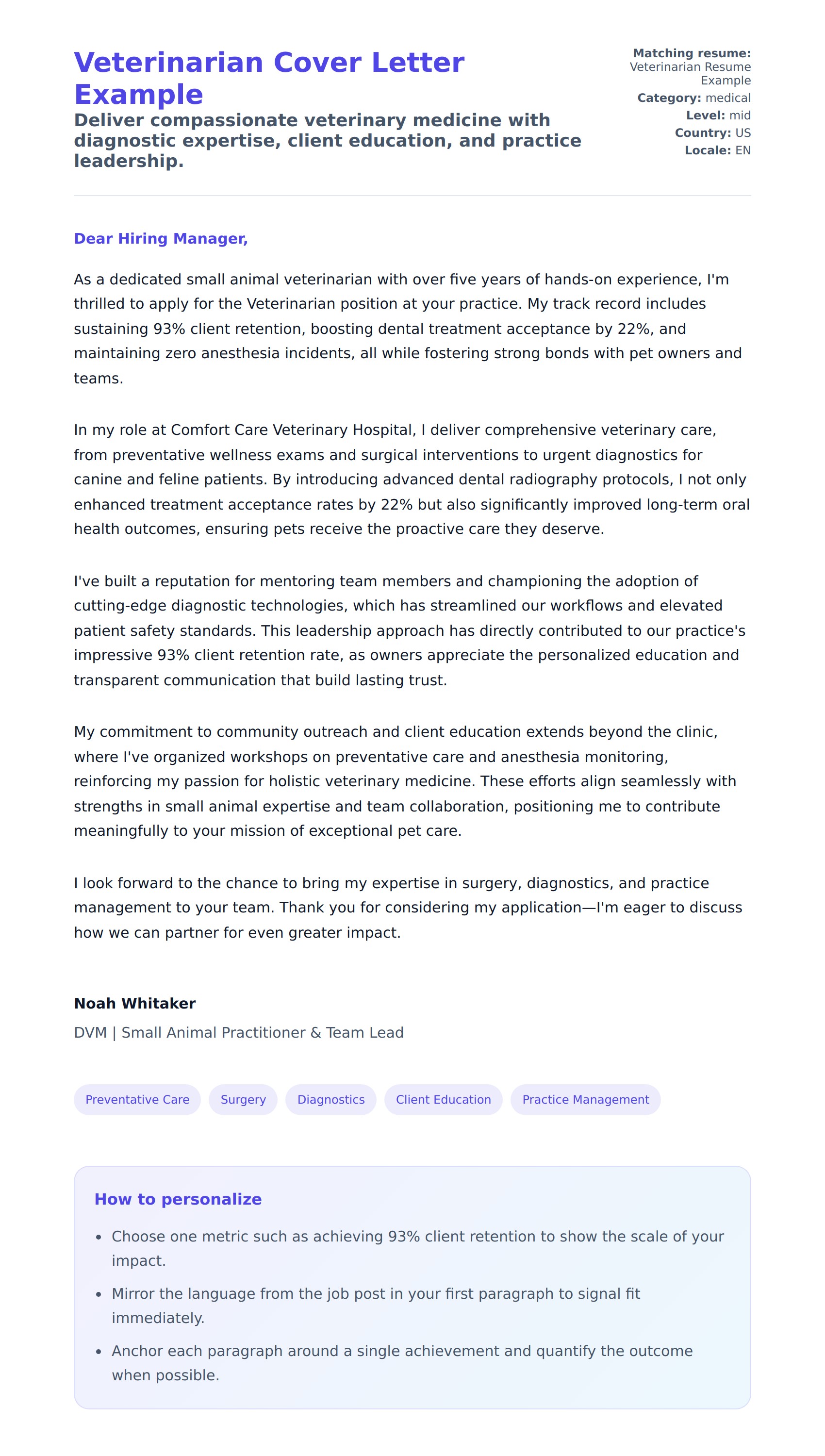 Cover Letter preview for Veterinarian Cover Letter Example