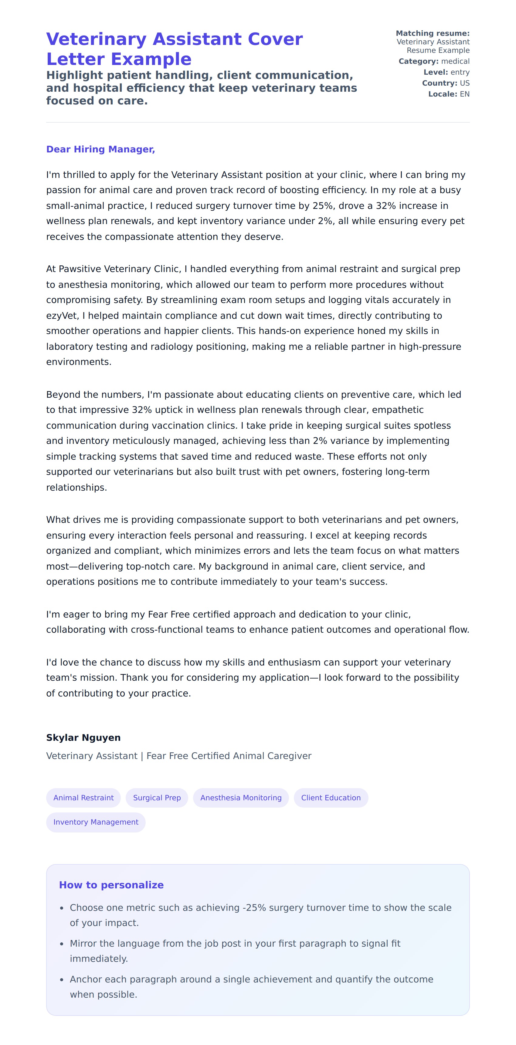 Cover Letter preview for Veterinary Assistant Cover Letter Example