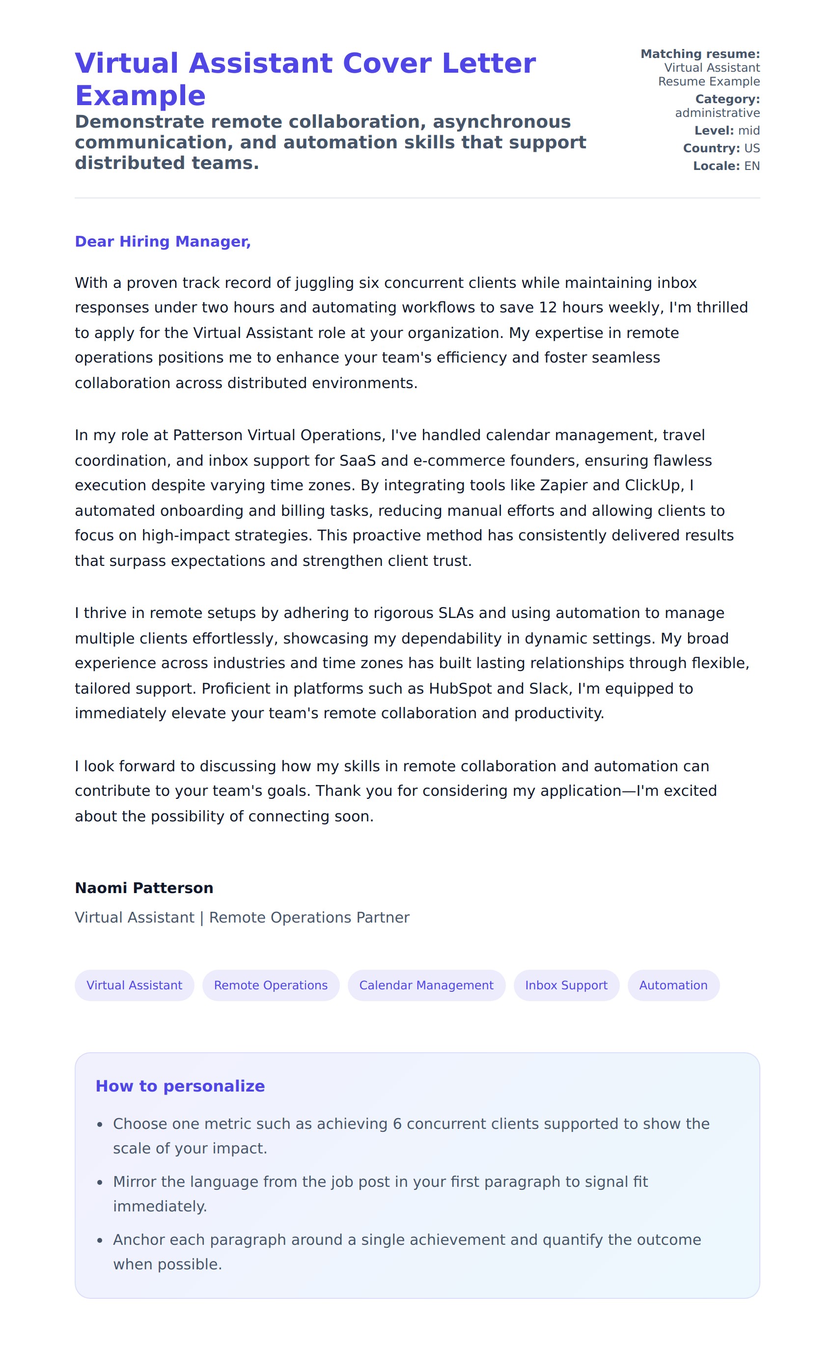 Cover Letter preview for Virtual Assistant Cover Letter Example