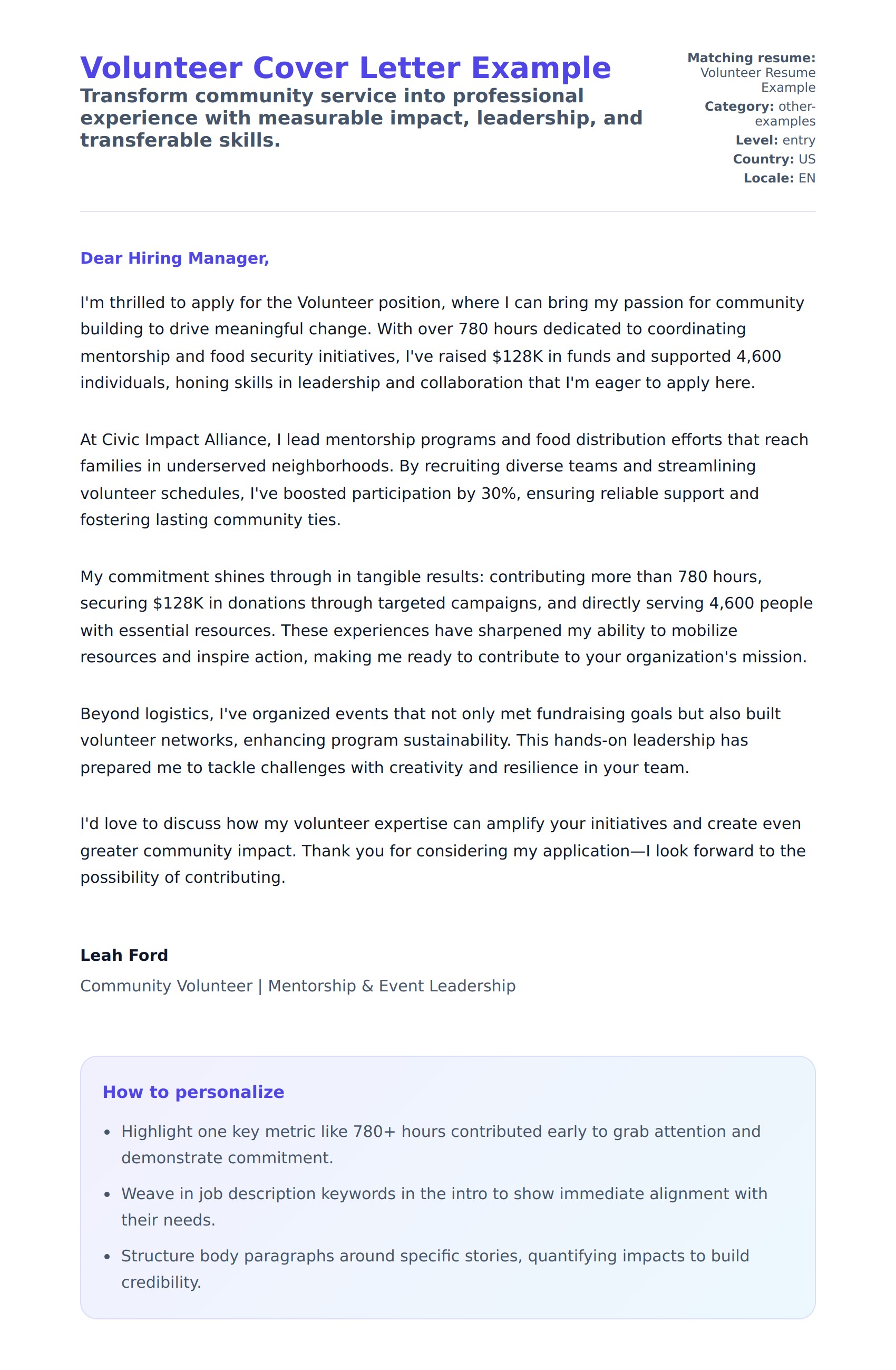 Cover Letter preview for Volunteer Cover Letter Example