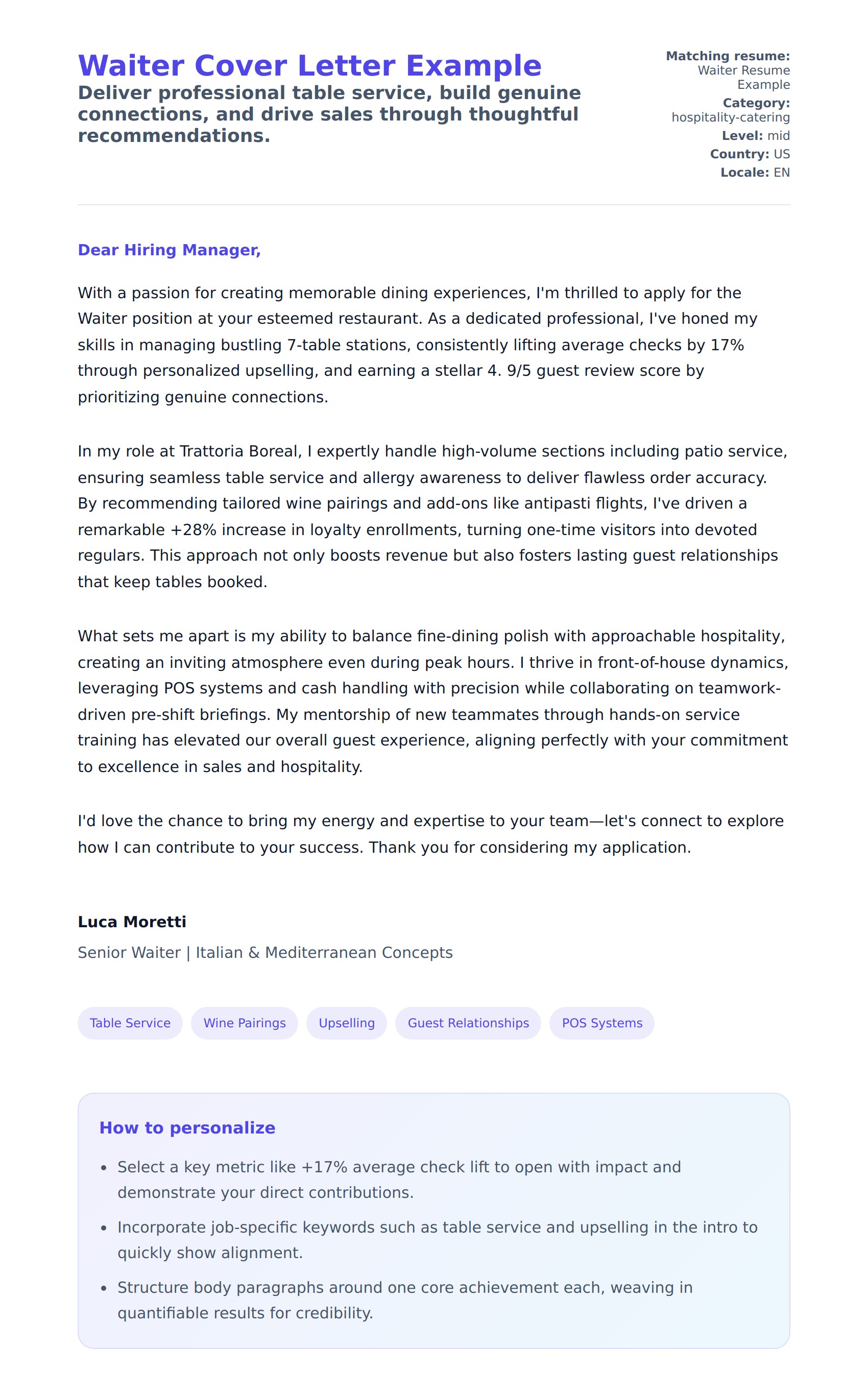 Cover Letter preview for Waiter Cover Letter Example
