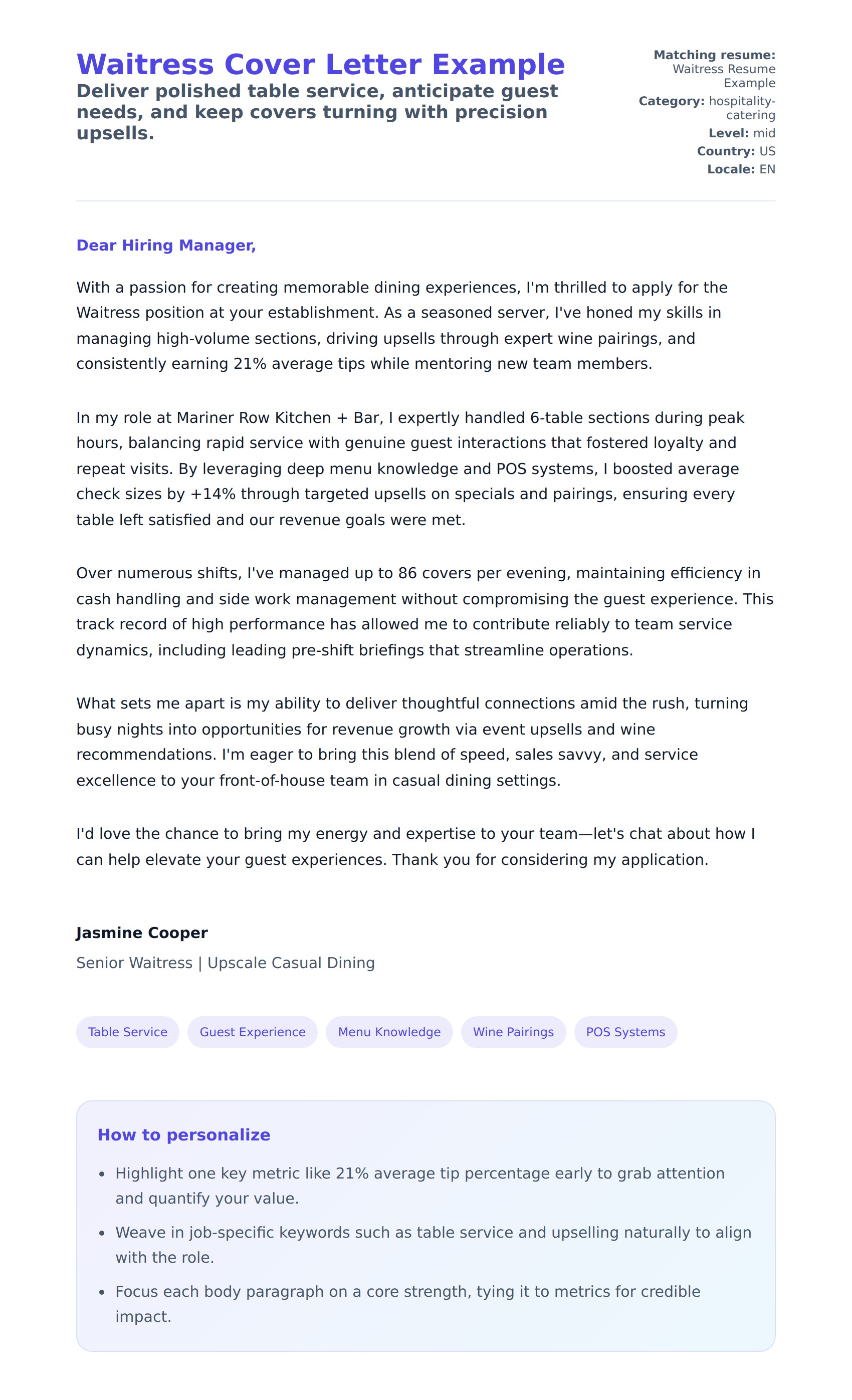 Cover Letter preview for Waitress Cover Letter Example