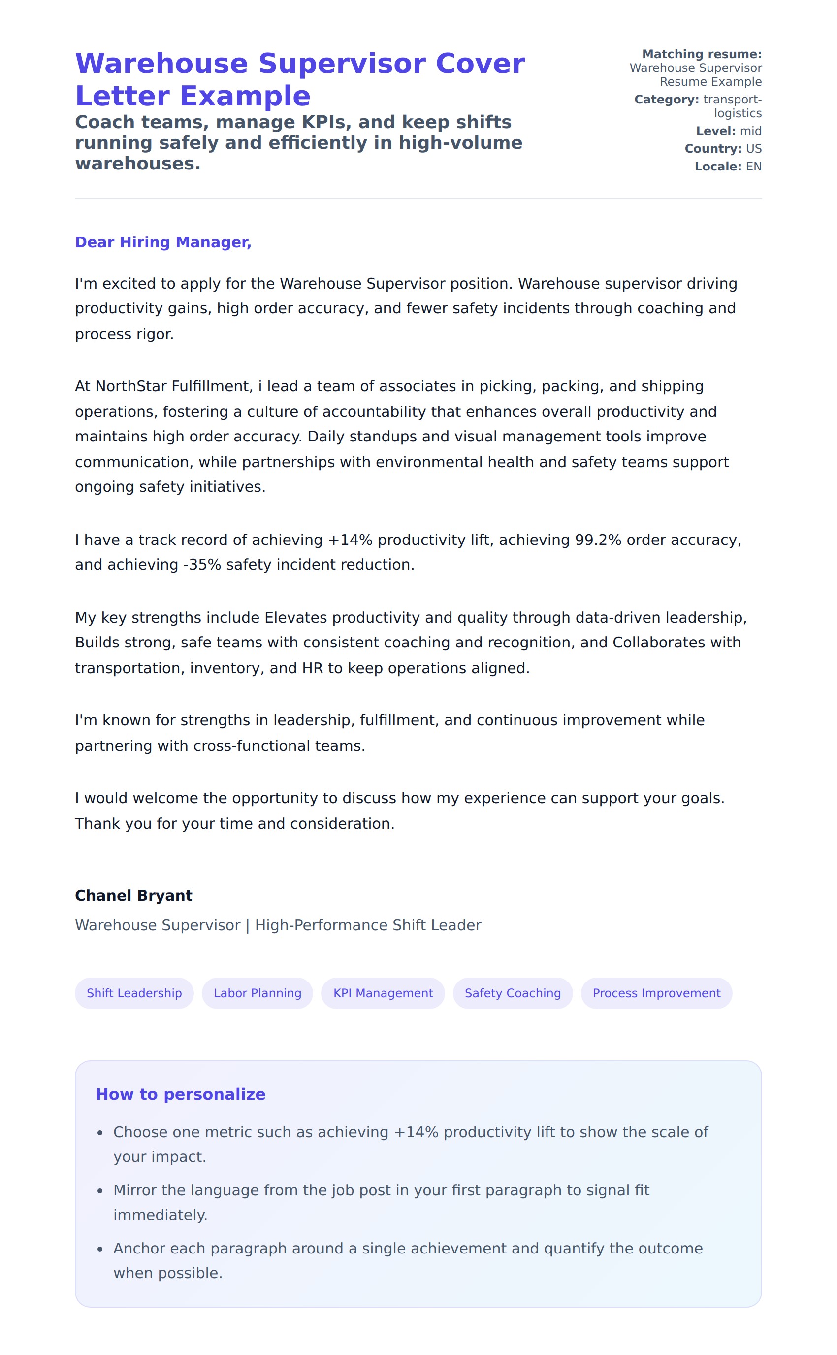 Cover Letter preview for Warehouse Supervisor Cover Letter Example