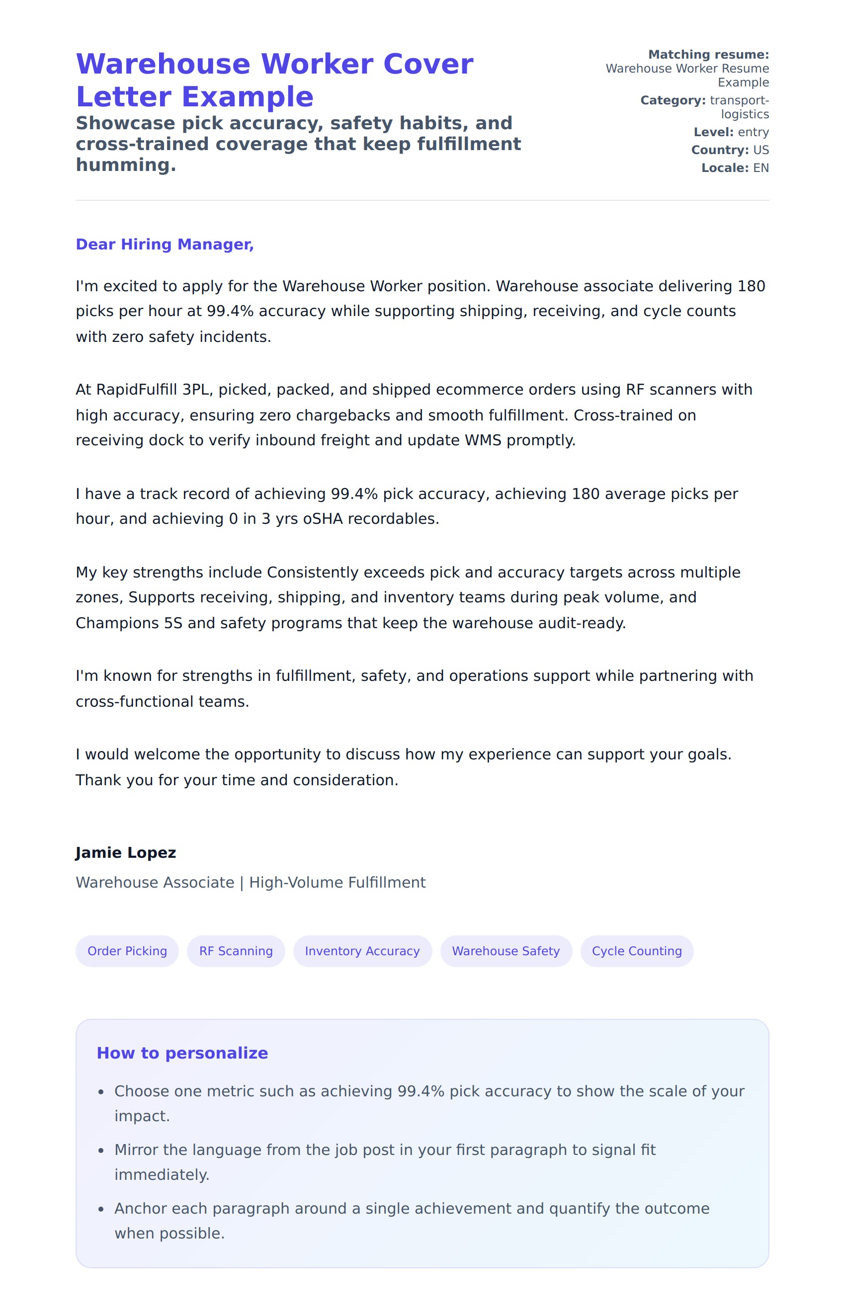 Cover Letter preview for Warehouse Worker Cover Letter Example