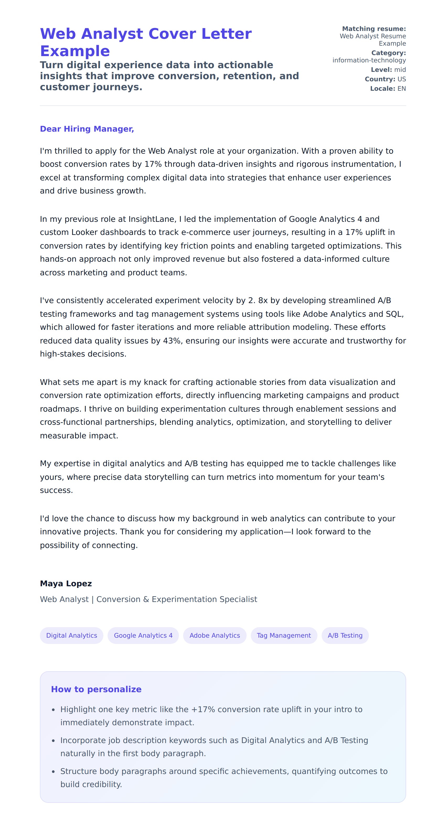 Cover Letter preview for Web Analyst Cover Letter Example