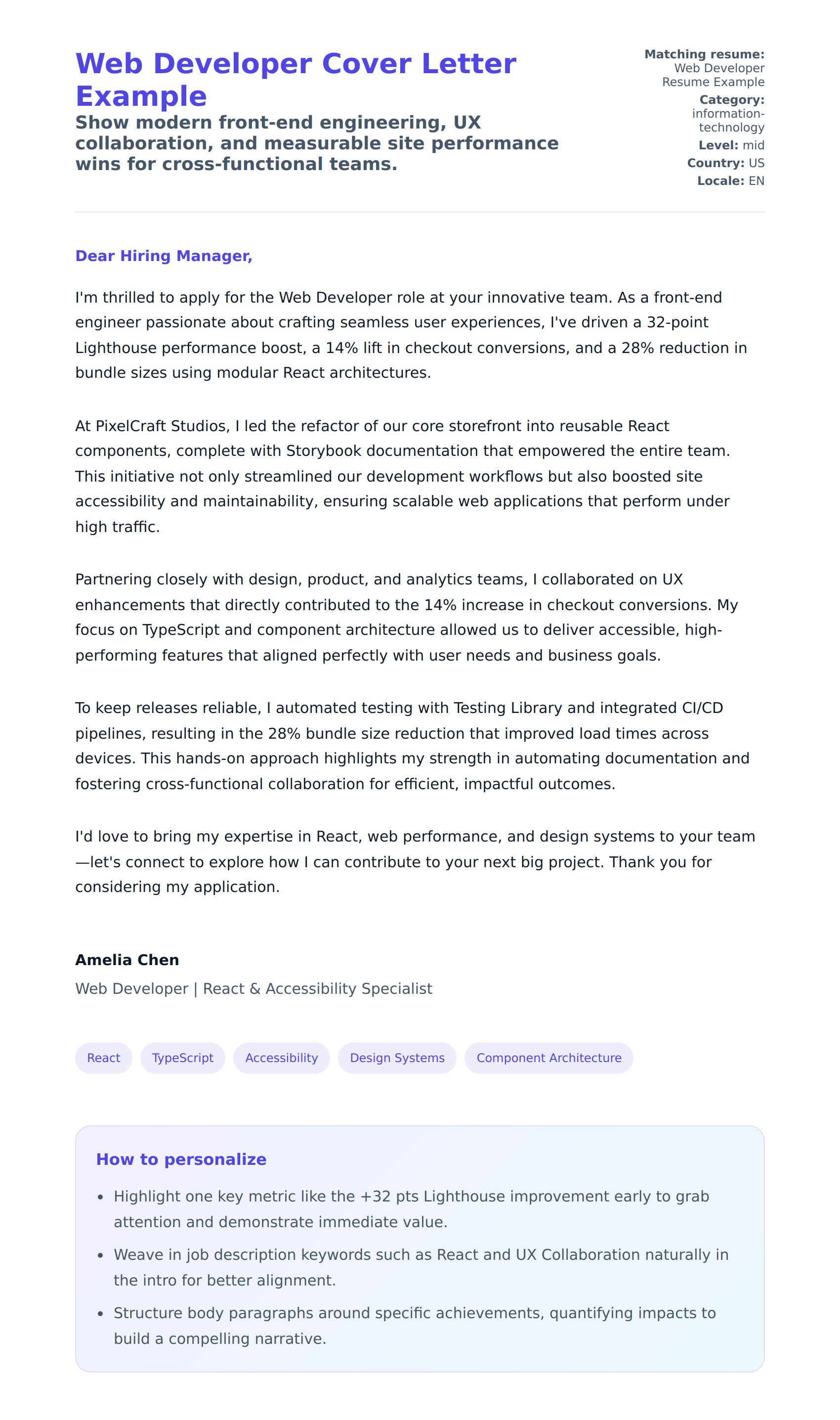 Cover Letter preview for Web Developer Cover Letter Example