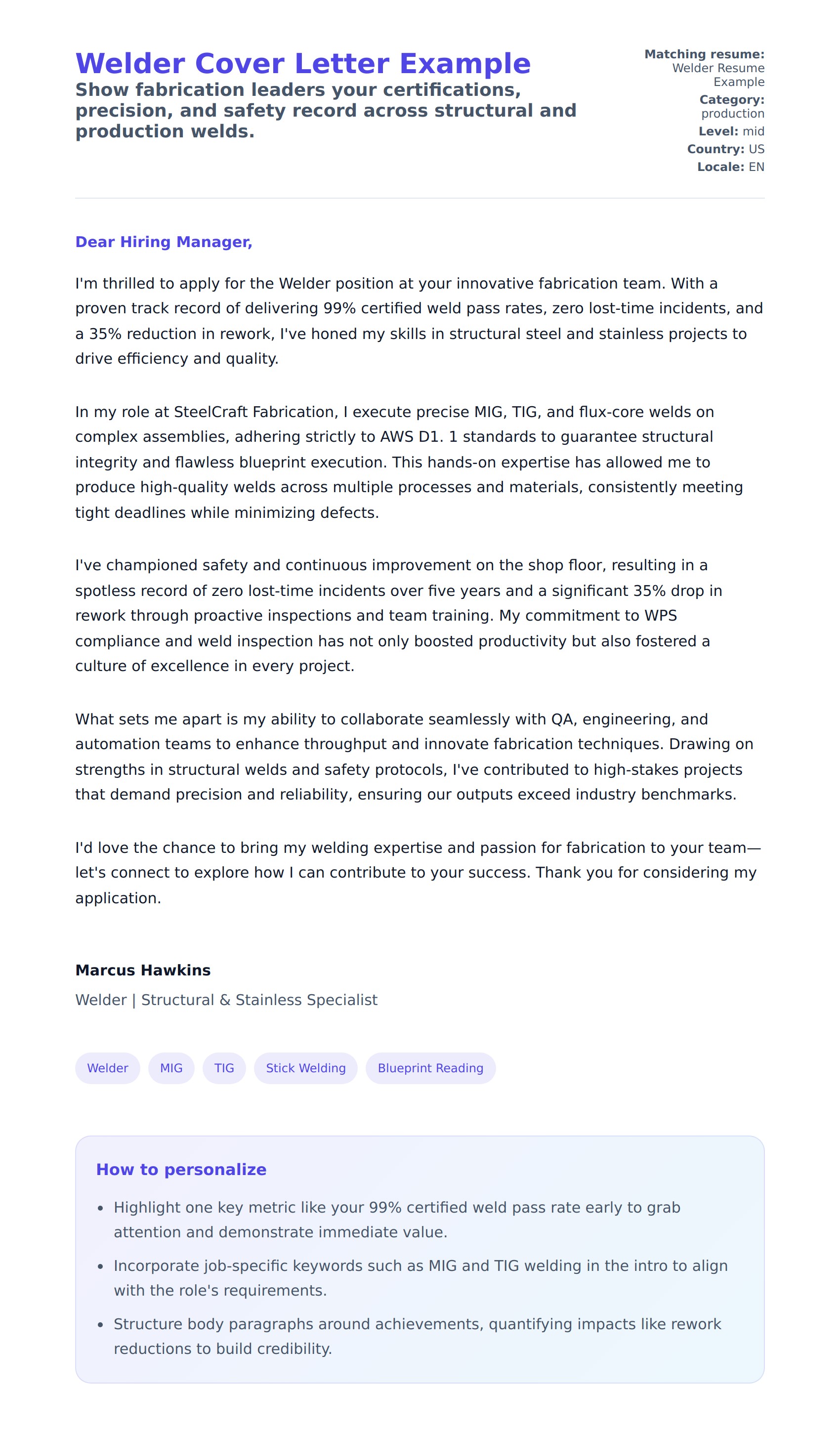 Cover Letter preview for Welder Cover Letter Example