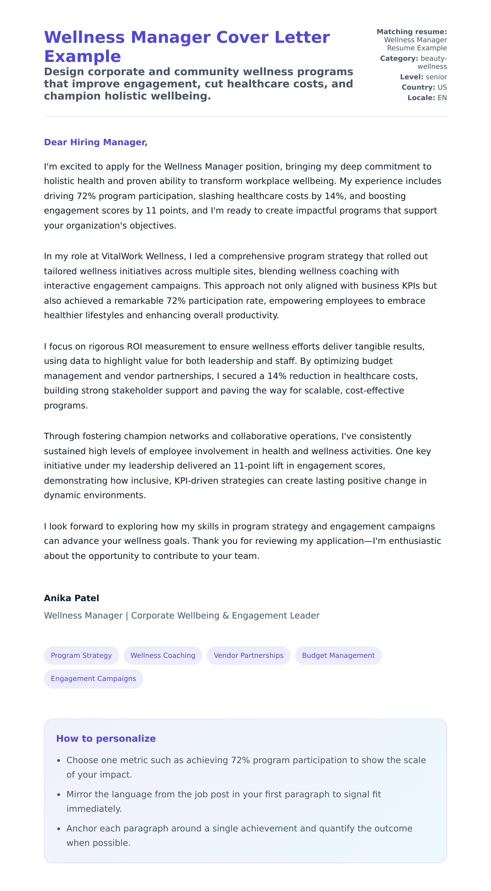 Cover Letter preview for Wellness Manager Cover Letter Example