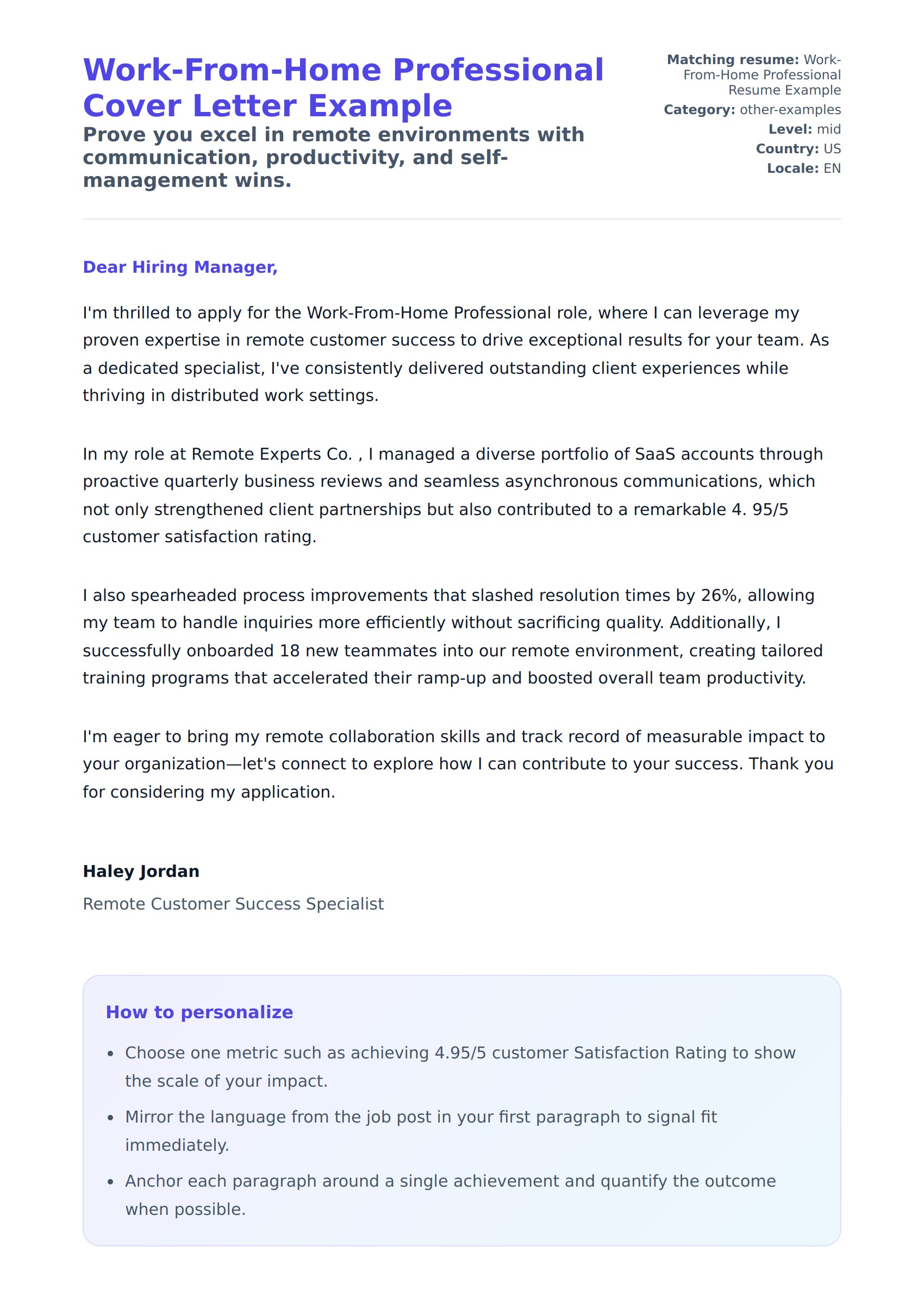 Cover Letter preview for Work-From-Home Professional Cover Letter Example