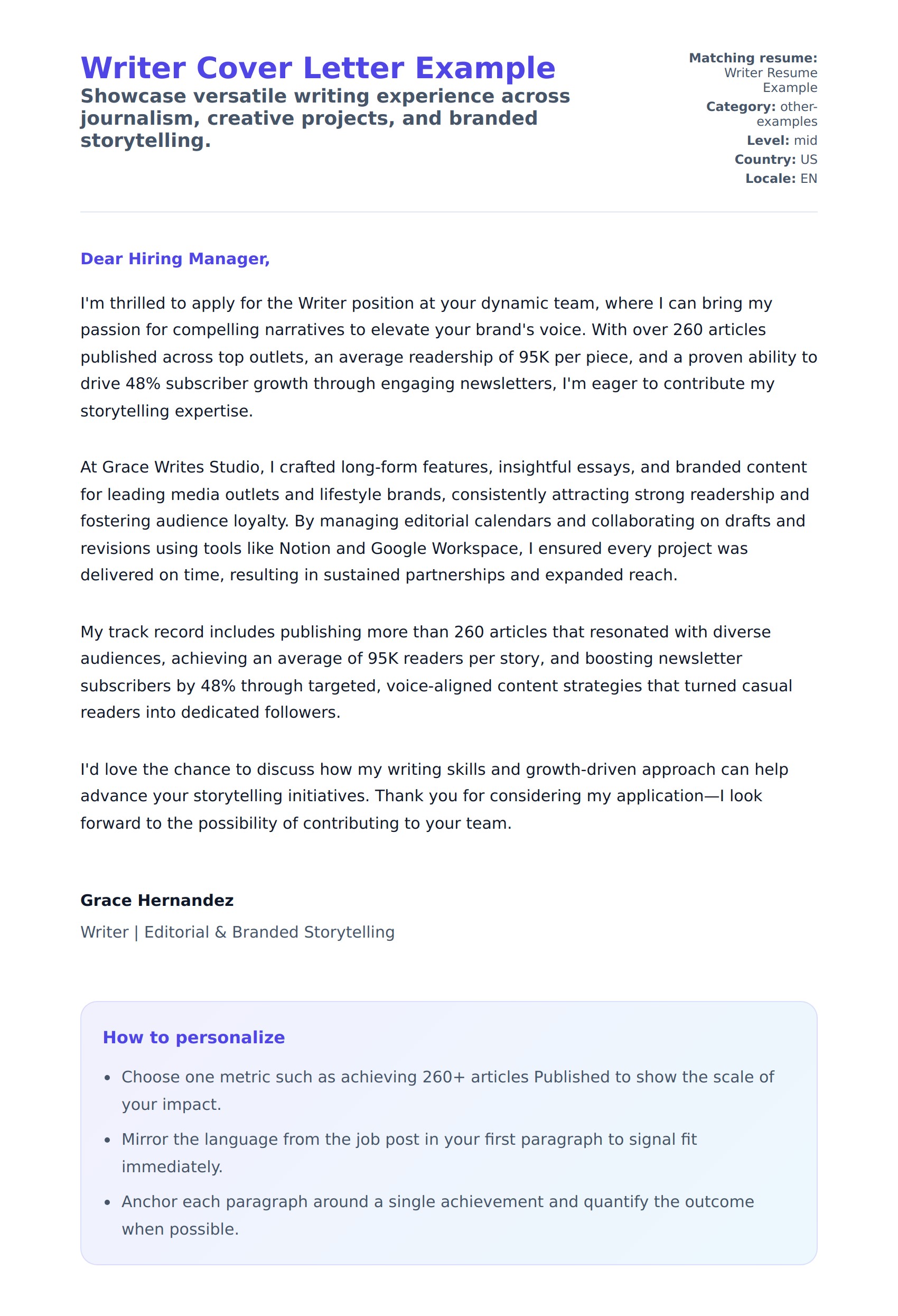 Cover Letter preview for Writer Cover Letter Example