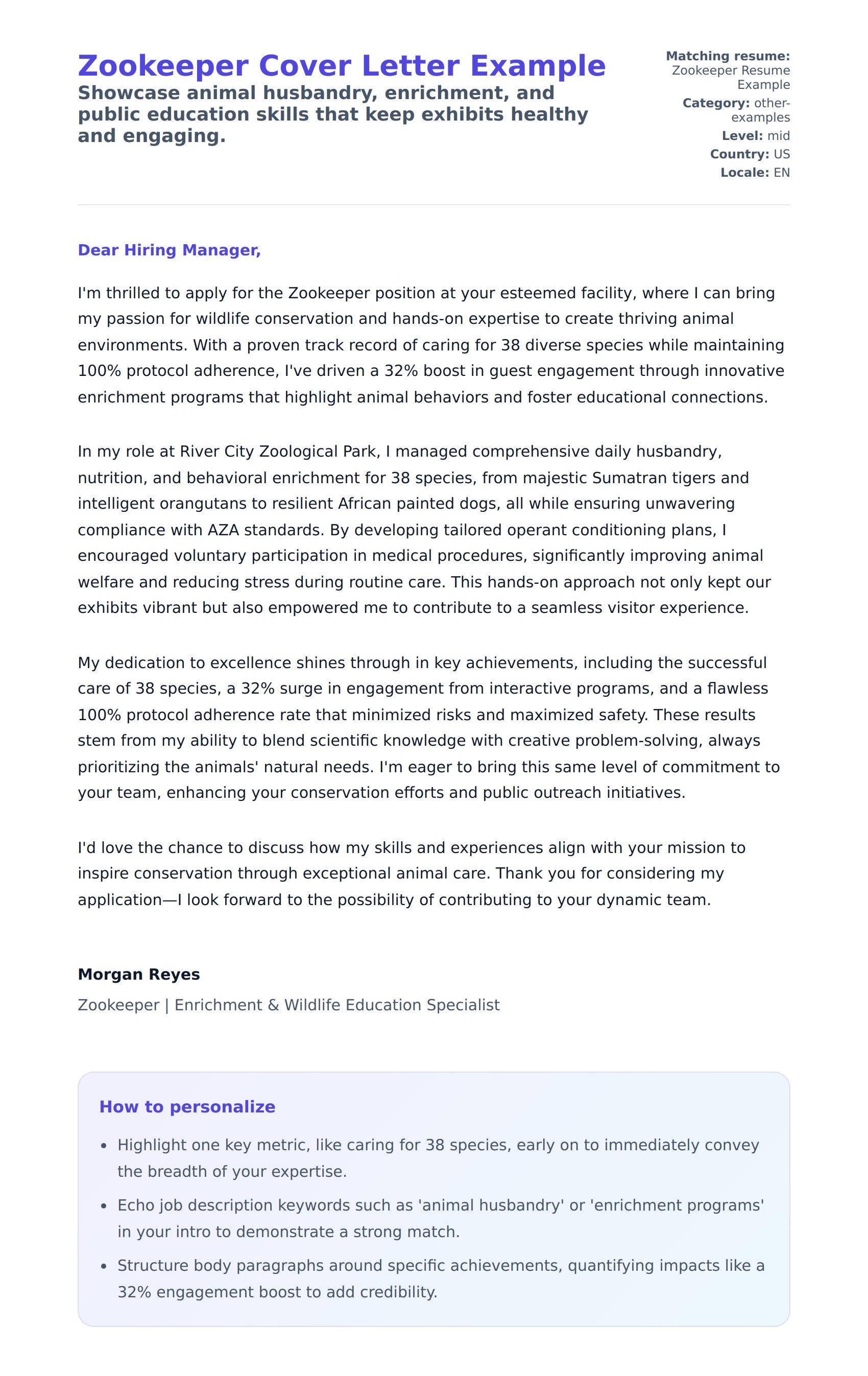 Cover Letter preview for Zookeeper Cover Letter Example