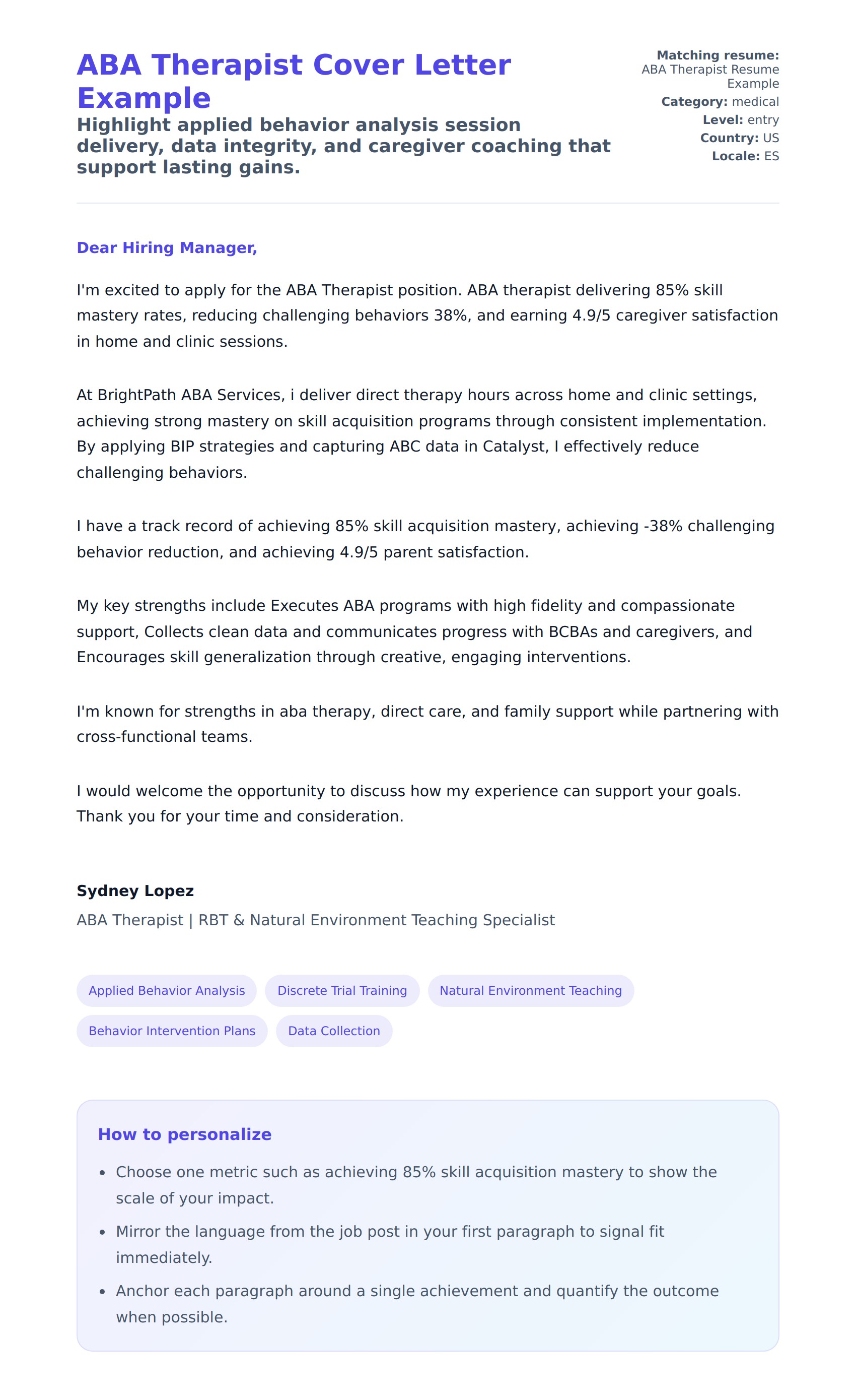 Cover Letter preview for ABA Therapist Cover Letter Example