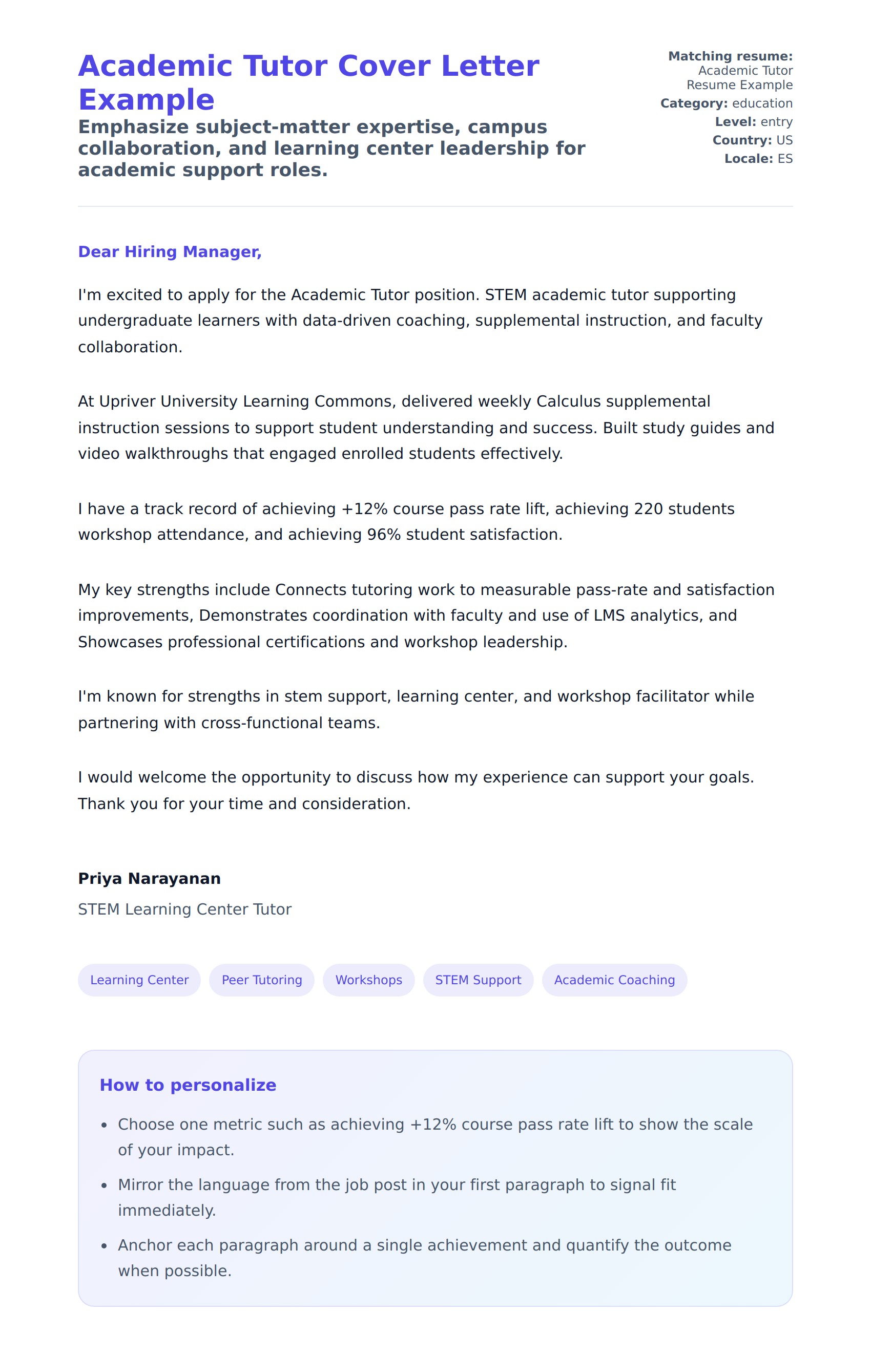 Cover Letter preview for Academic Tutor Cover Letter Example