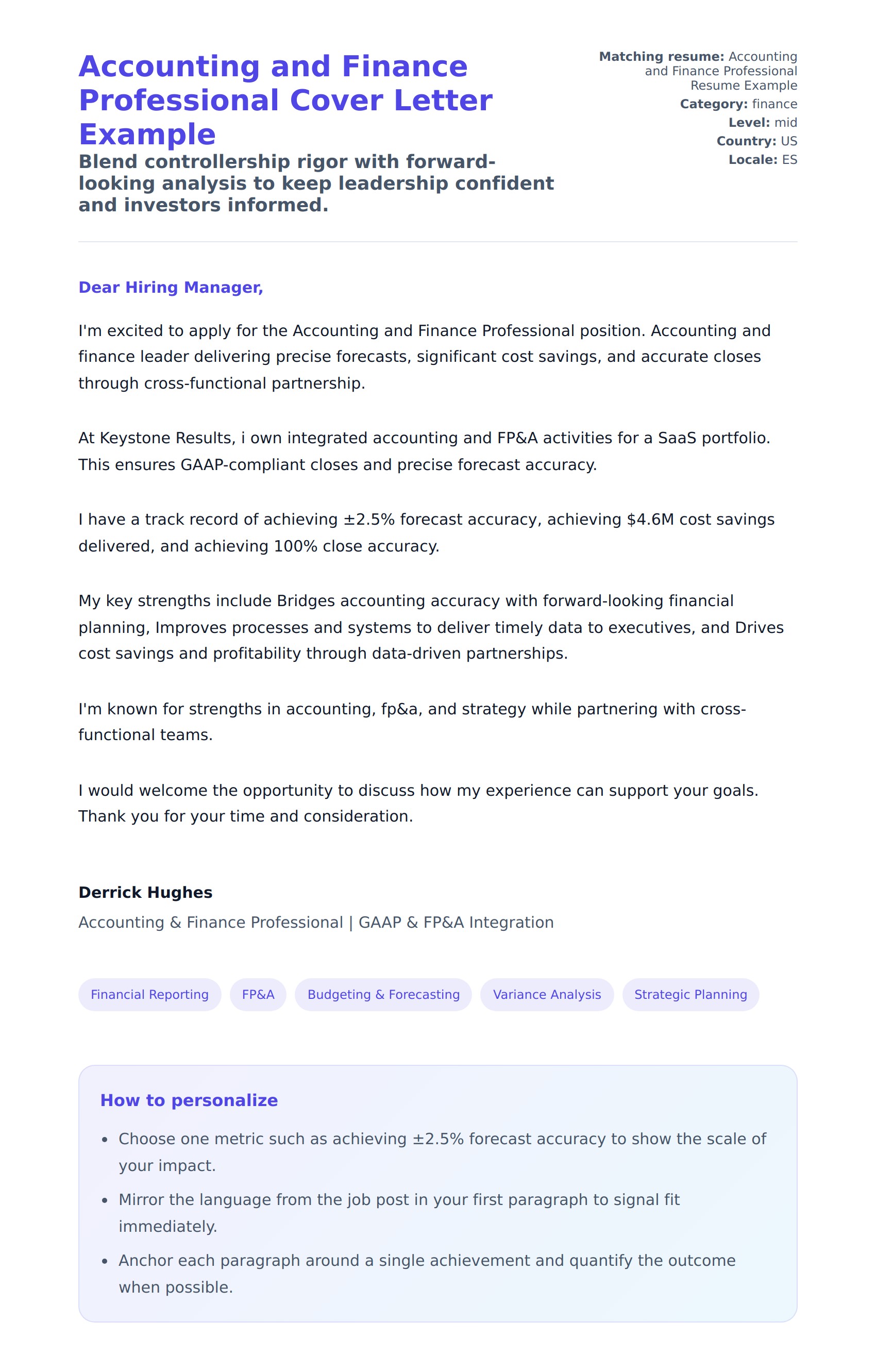Cover Letter preview for Accounting and Finance Professional Cover Letter Example