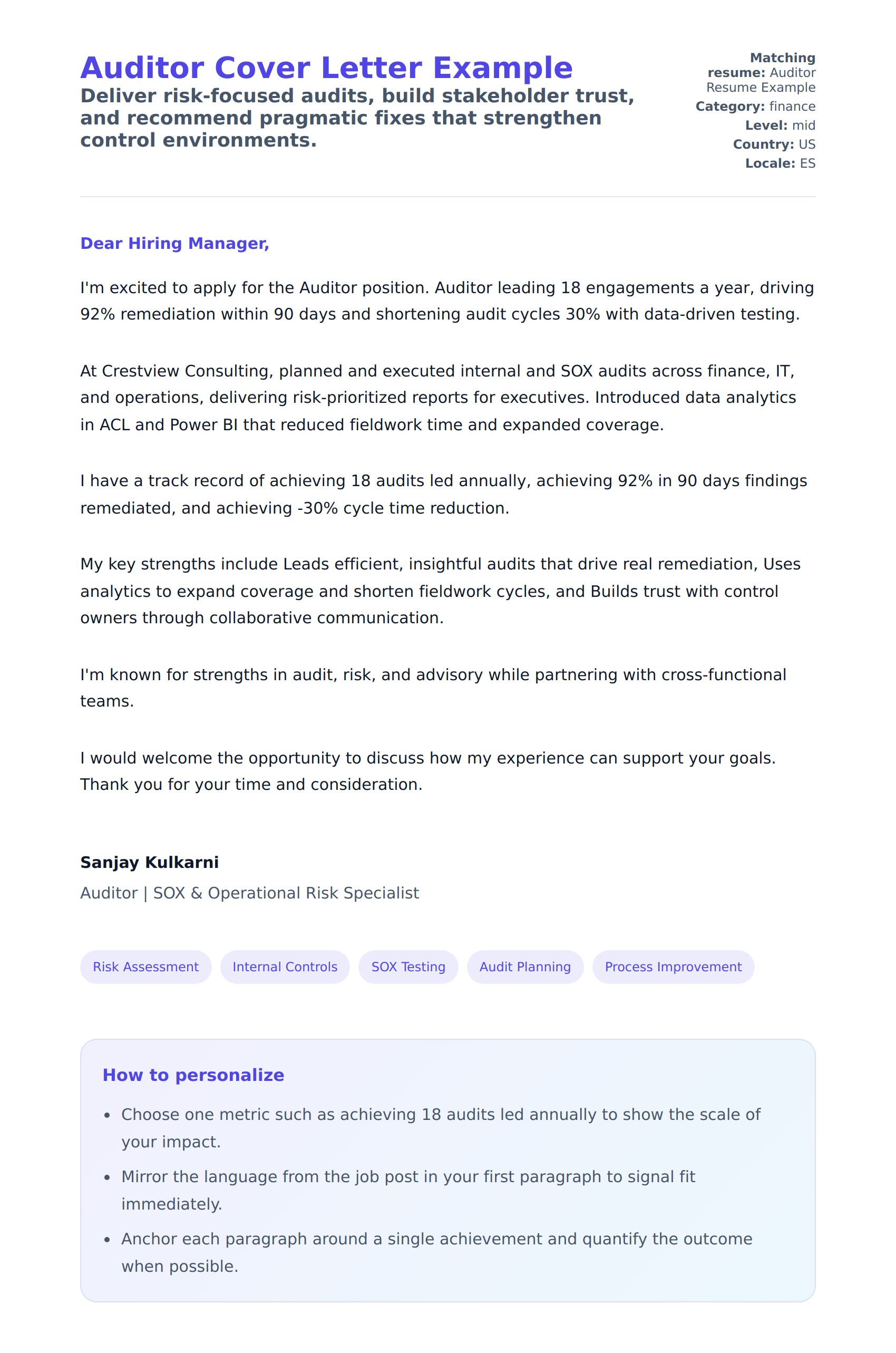 Cover Letter preview for Auditor Cover Letter Example