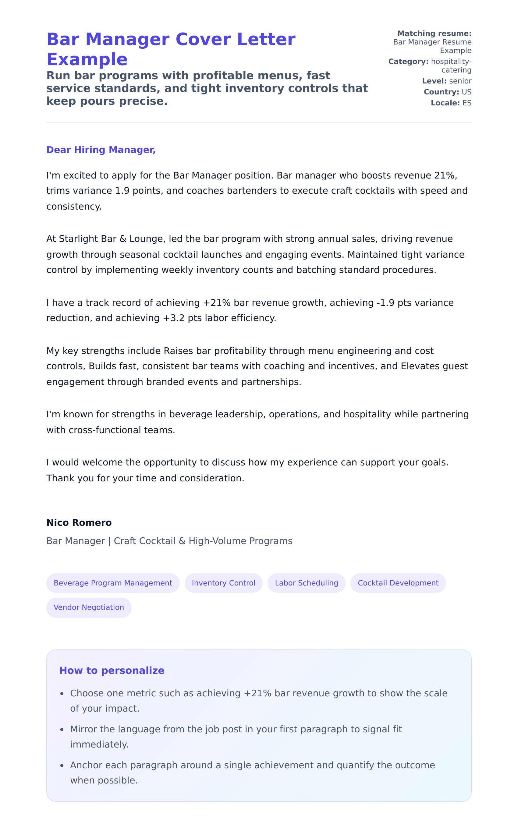 Cover Letter preview for Bar Manager Cover Letter Example