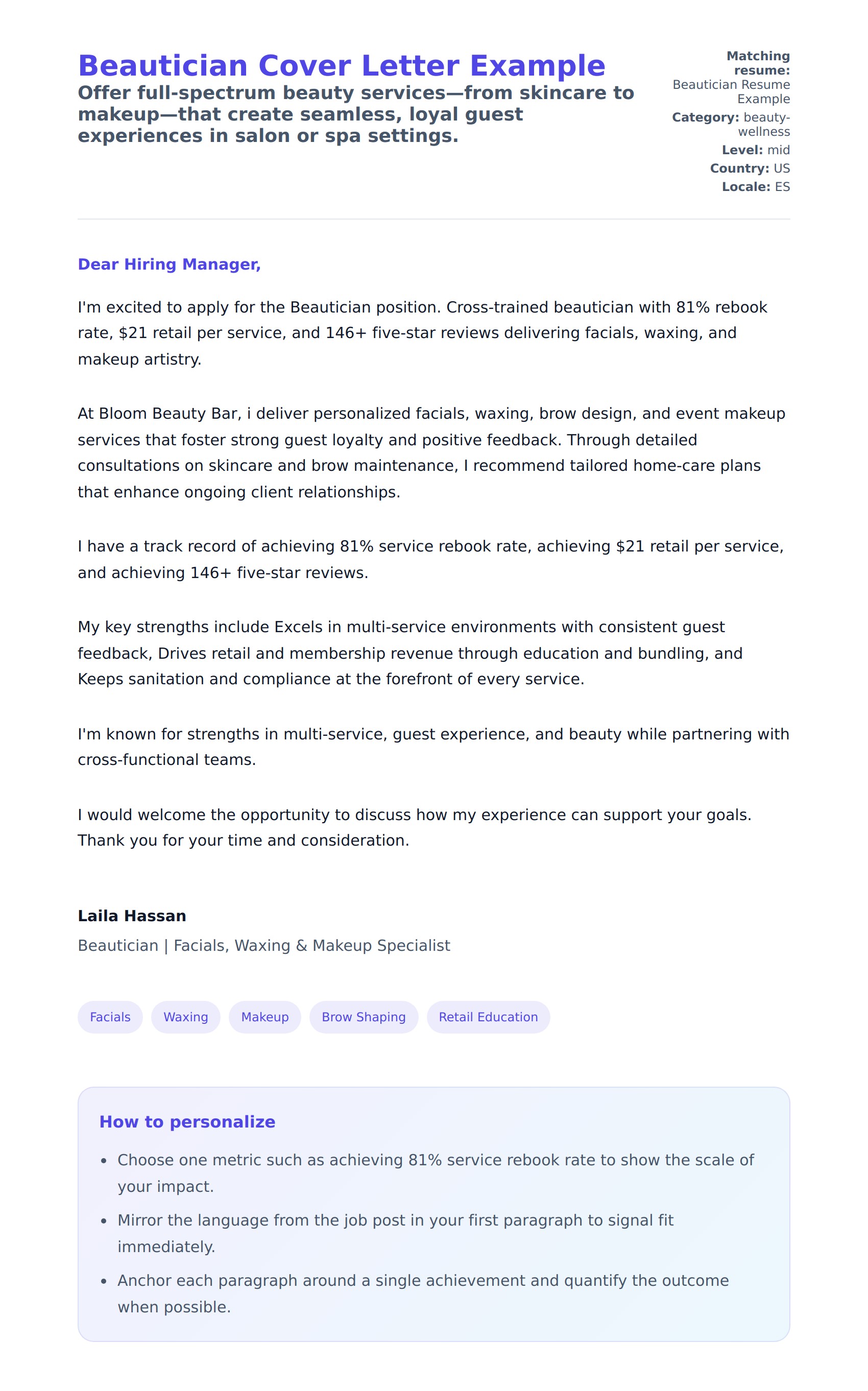 Cover Letter preview for Beautician Cover Letter Example