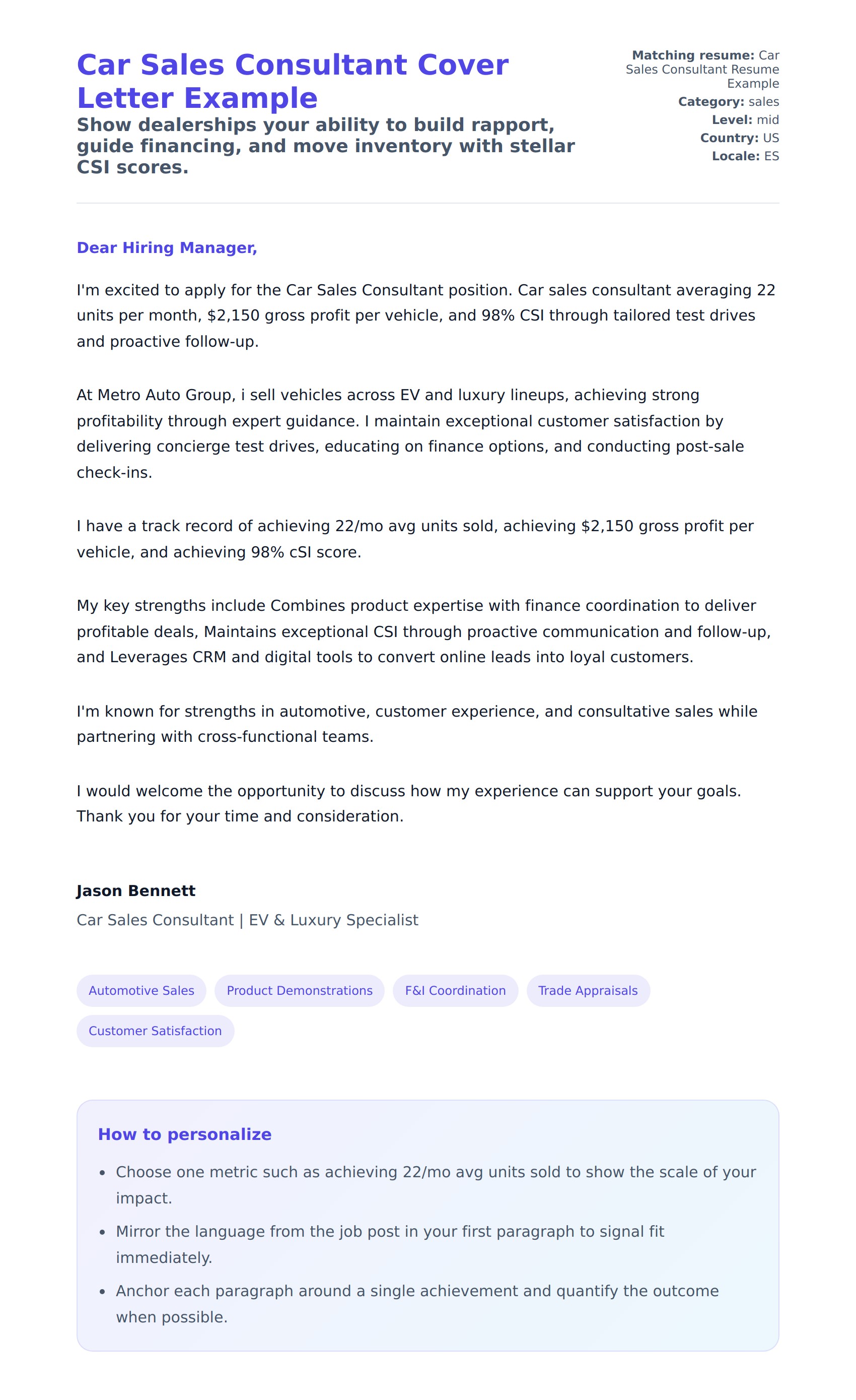Cover Letter preview for Car Sales Consultant Cover Letter Example