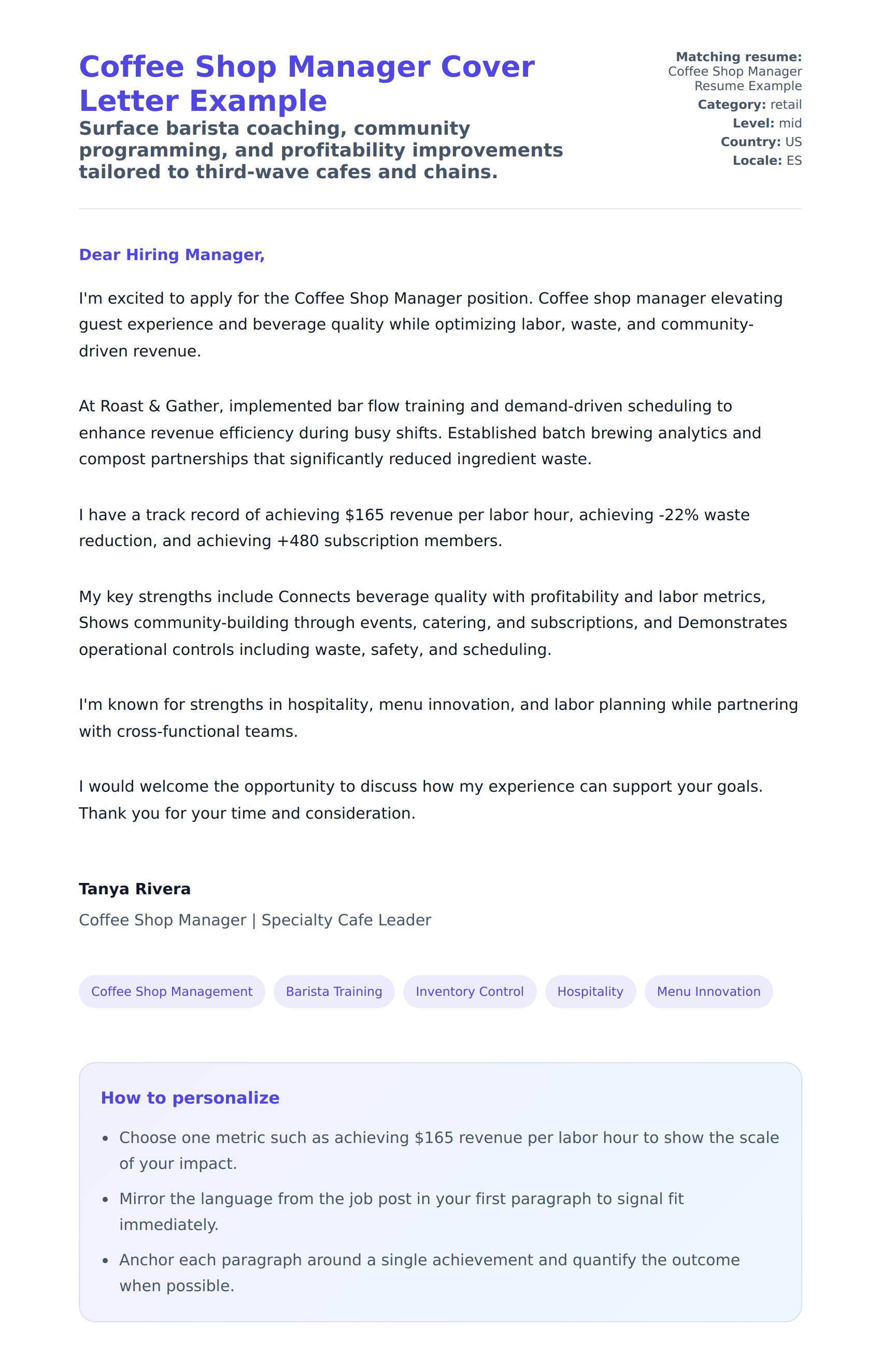 Cover Letter preview for Coffee Shop Manager Cover Letter Example