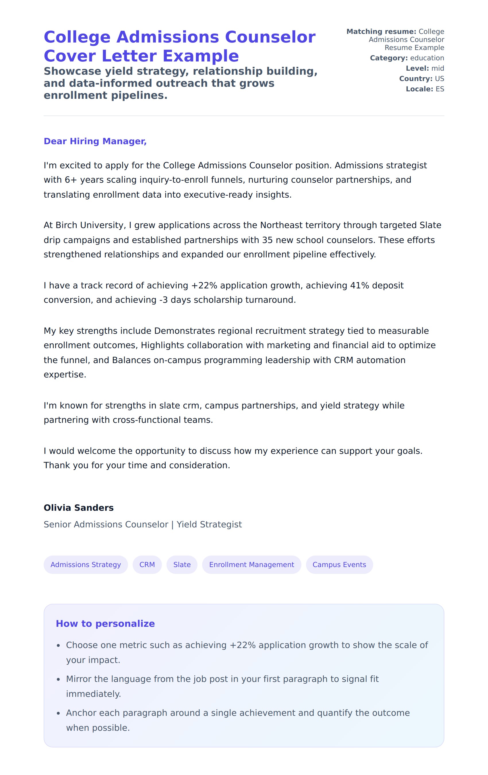 Cover Letter preview for College Admissions Counselor Cover Letter Example