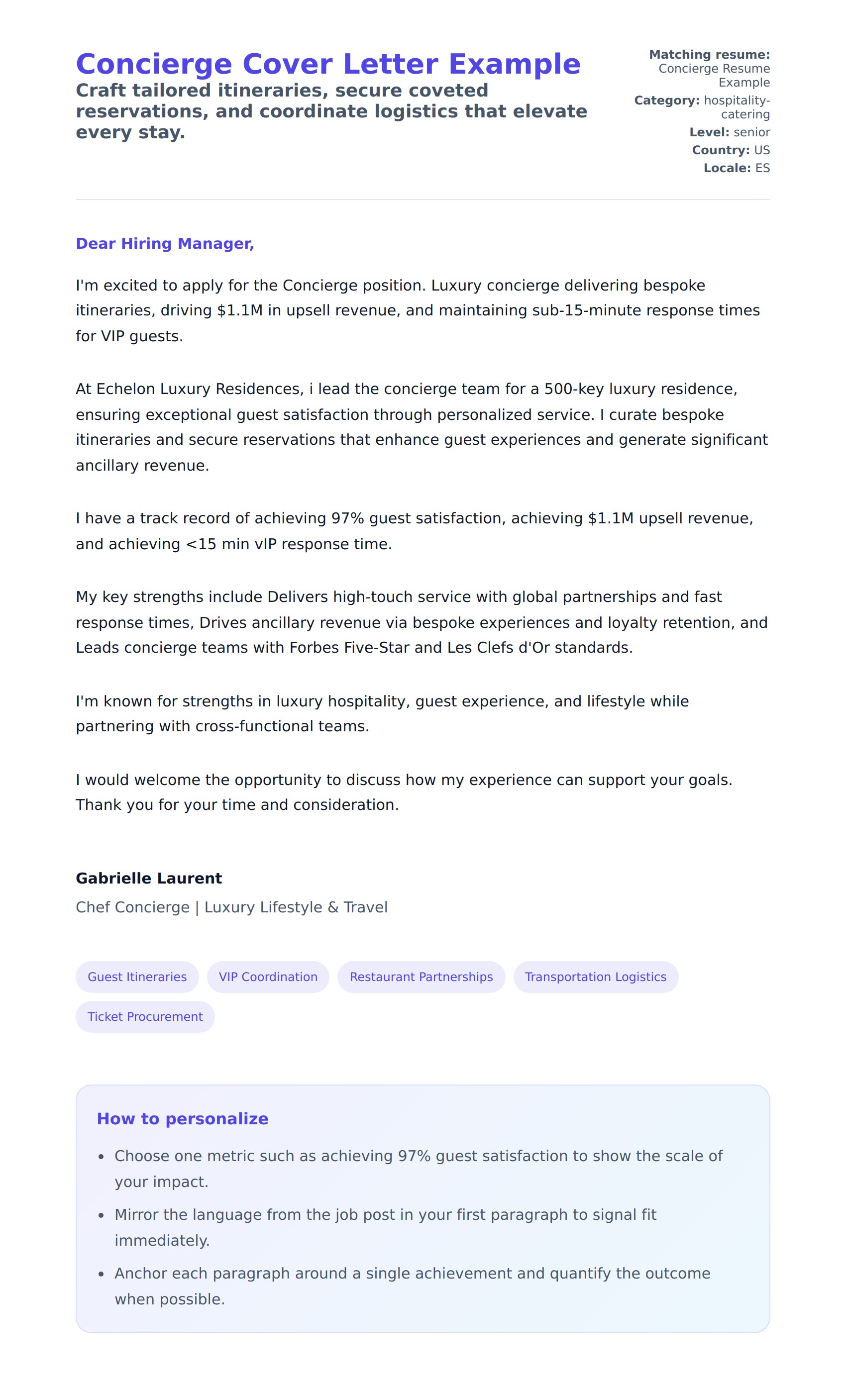 Cover Letter preview for Concierge Cover Letter Example